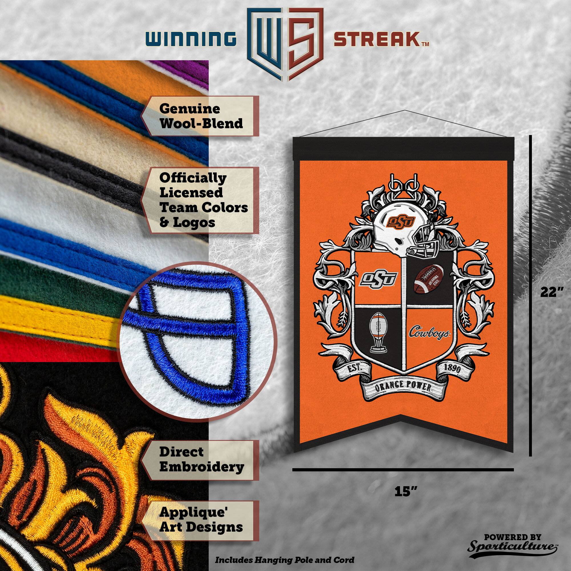 WINNING U 5 STREAK™ Genuine Wool-Blend Officially Licensed Team Colors & Logos bd g S ntttn I 22" Cowboys EST. 1890 ORANCE POWER Direct Embroidery Applique' Art Designs Includes Hanging Pole and Cord 15" POWERED BY Sporticulture
