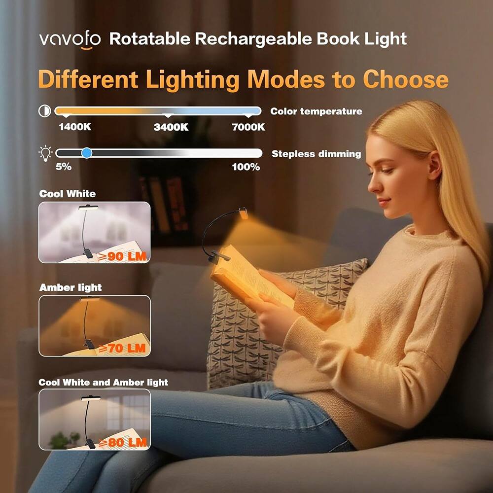 vavovo Rotatable Rechargeable Book Light

Different Lighting Modes to Choose

Color temperature
1400K 3400K 7000K

Stepless dimming
5% 100%

Cool White
≥90 LM

Amber light
≥70 LM

Cool White and Amber light
≥80 LM