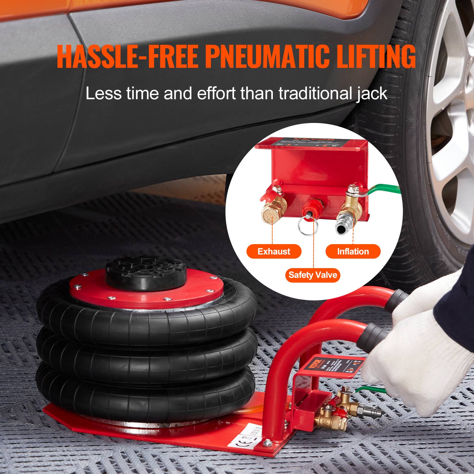 HASSLE-FREE PNEUMATIC LIFTING  
Less time and effort than traditional jack  
Exhaust  
Inflation  
Safety Valve