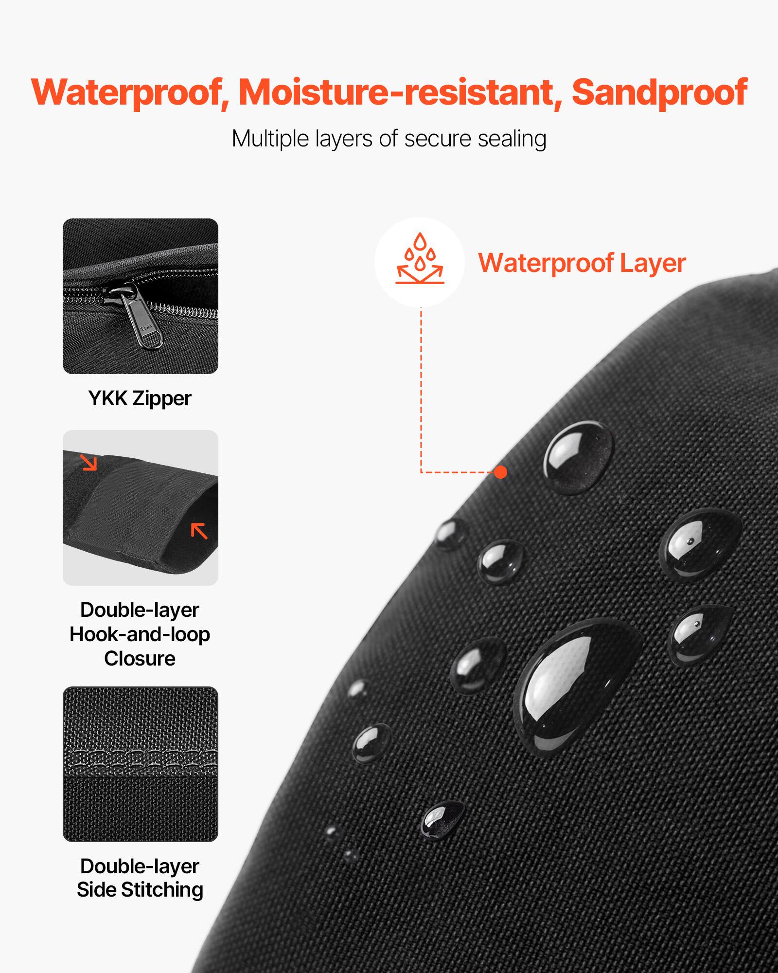 Waterproof, Moisture-resistant, Sandproof
Multiple layers of secure sealing
Waterproof Layer
YKK Zipper
Double-layer Hook-and-loop Closure
Double-layer Side Stitching
