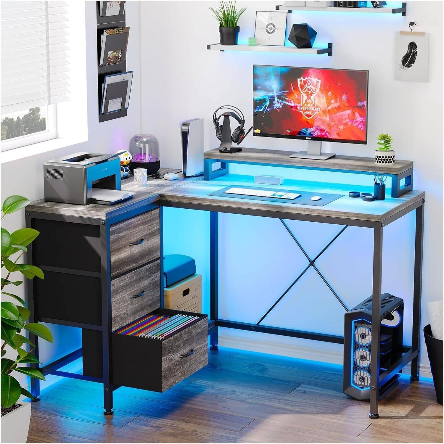 Front. Acekool - L Shaped Computer Gaming Desk with Power Outlets, Storage Shelves and Led Lights, Grey.