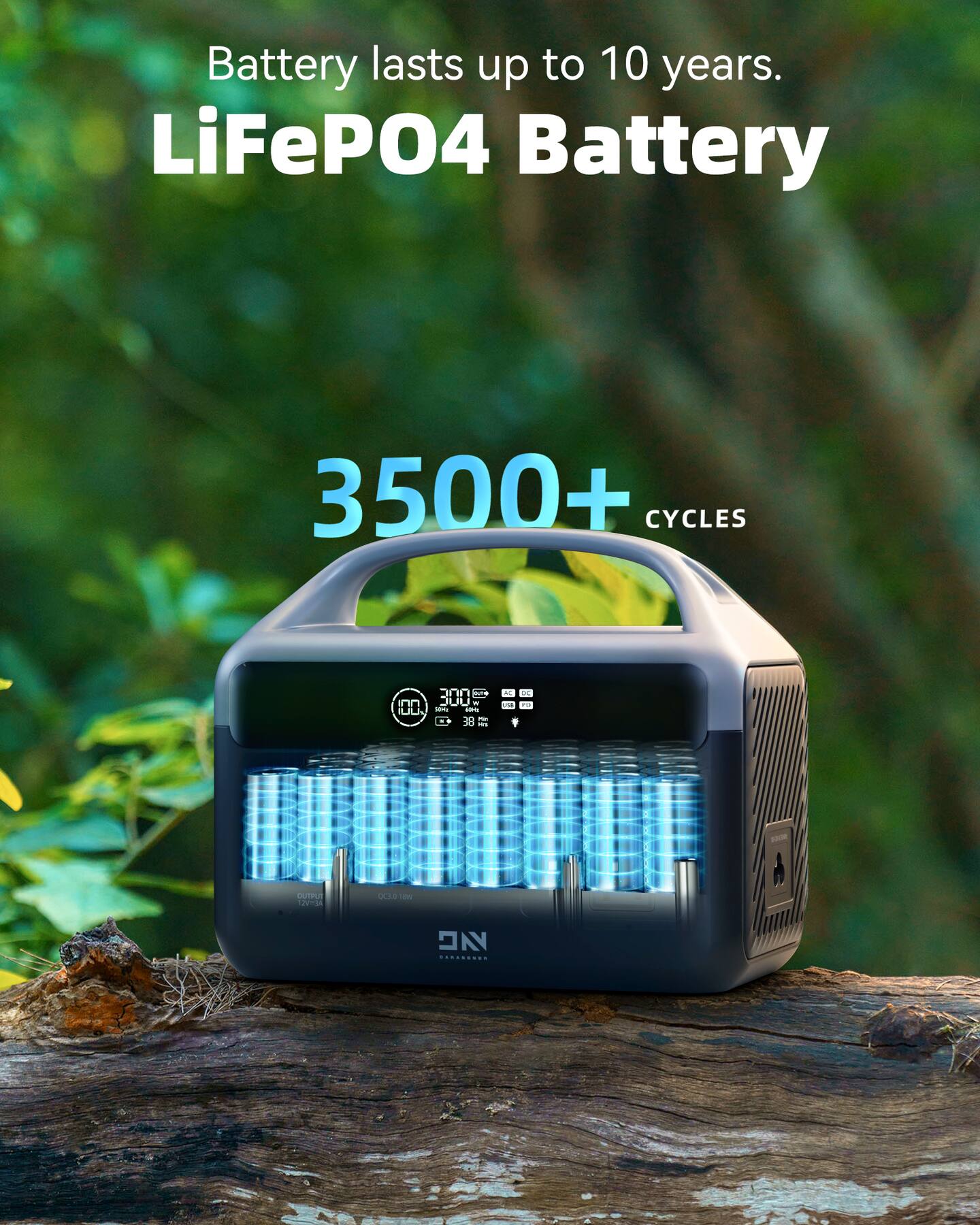 Battery lasts up to 10 years.  
LiFePO4 Battery  
3500+ CYCLES