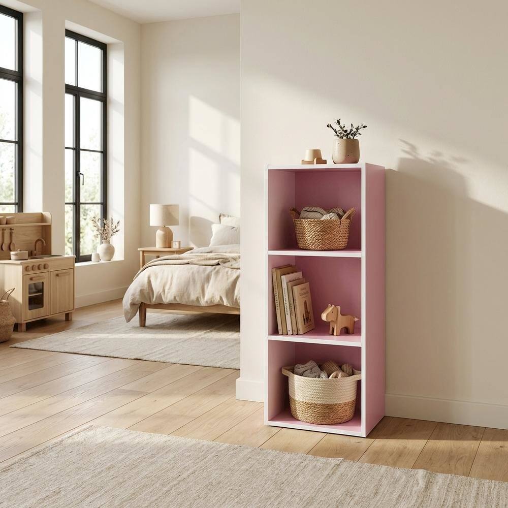 Angle. FurniFact - White and Pink 3-Tier Open Shelf Bookcase with Modern Storage Design - Brown.