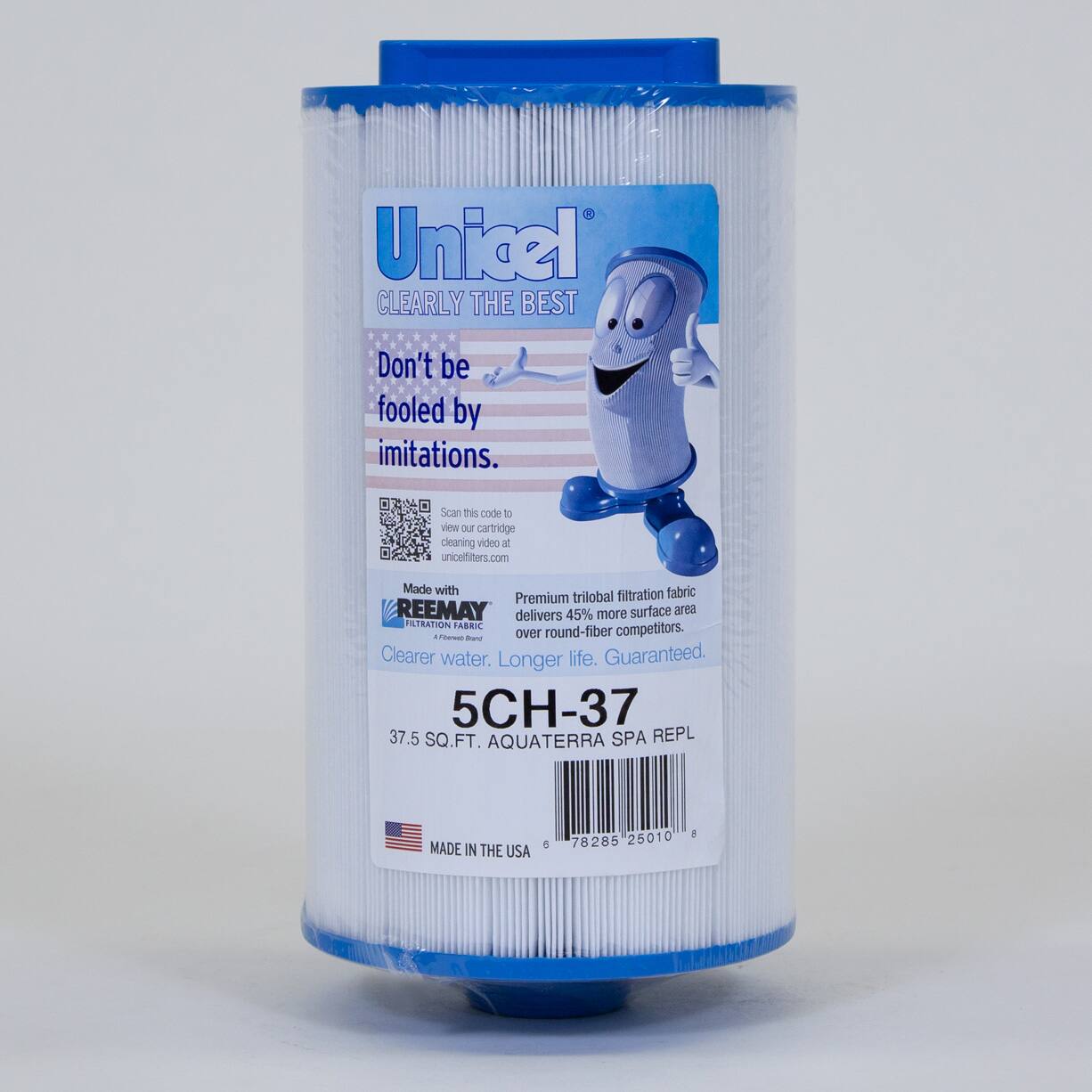 Unicef  
CLEARLY THE BEST  
Don't be fooled by imitations.  
Scan this code to view our cartridge cleaning video at unicefilters.com  

Made with filtration fabric  
Premium trilobal REEMAY delivers 45% more surface area over round-fiber competitors.  
Clearer water. Longer life. Guaranteed.  

5CH-37  
37.5 SQ. FT. AQUATERRA SPA REPL  

MADE IN THE USA  

78285 25010