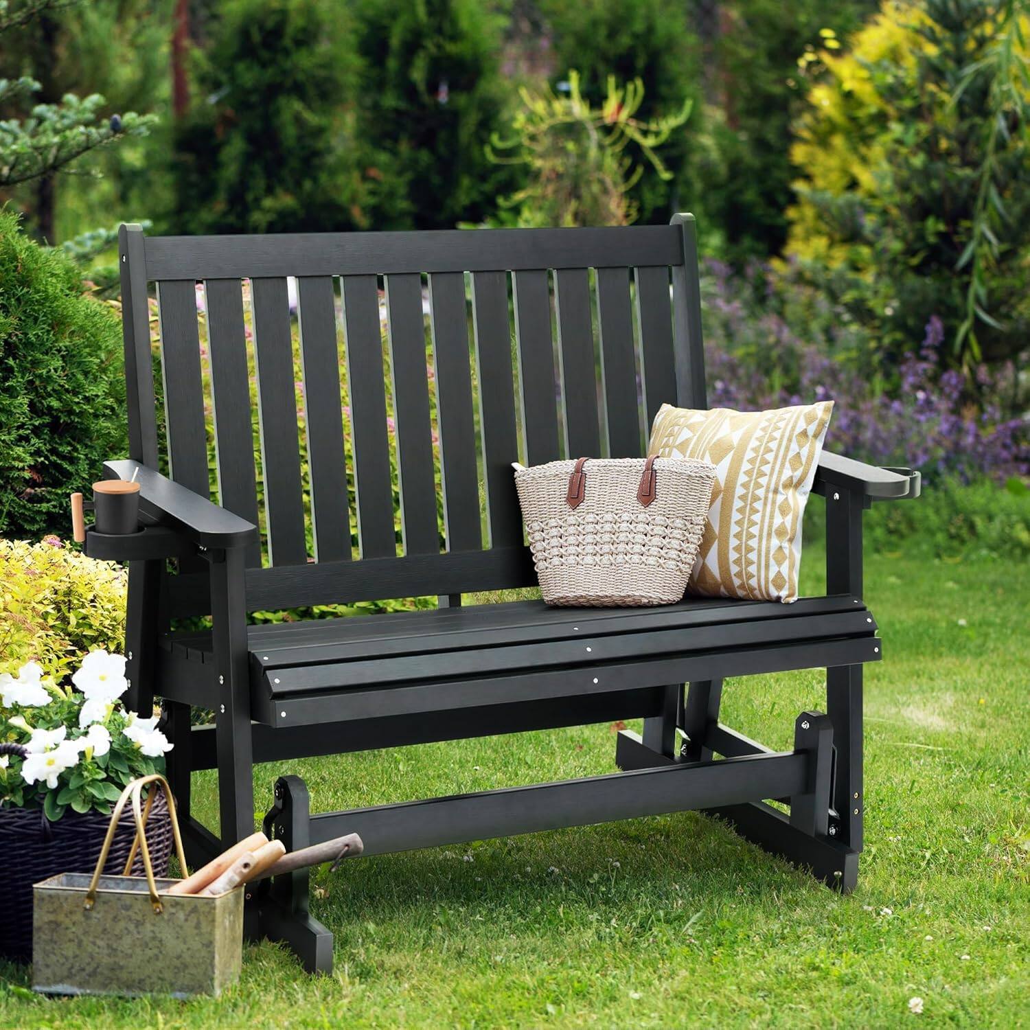 Alt View 1. Fortune Candy - HIPS Patio Glider with Cup Holders, Sturdy & Durablel, All-Weather Resistant, for Outdoor, Porch, Patio（2-Seater） - Carbon Black.