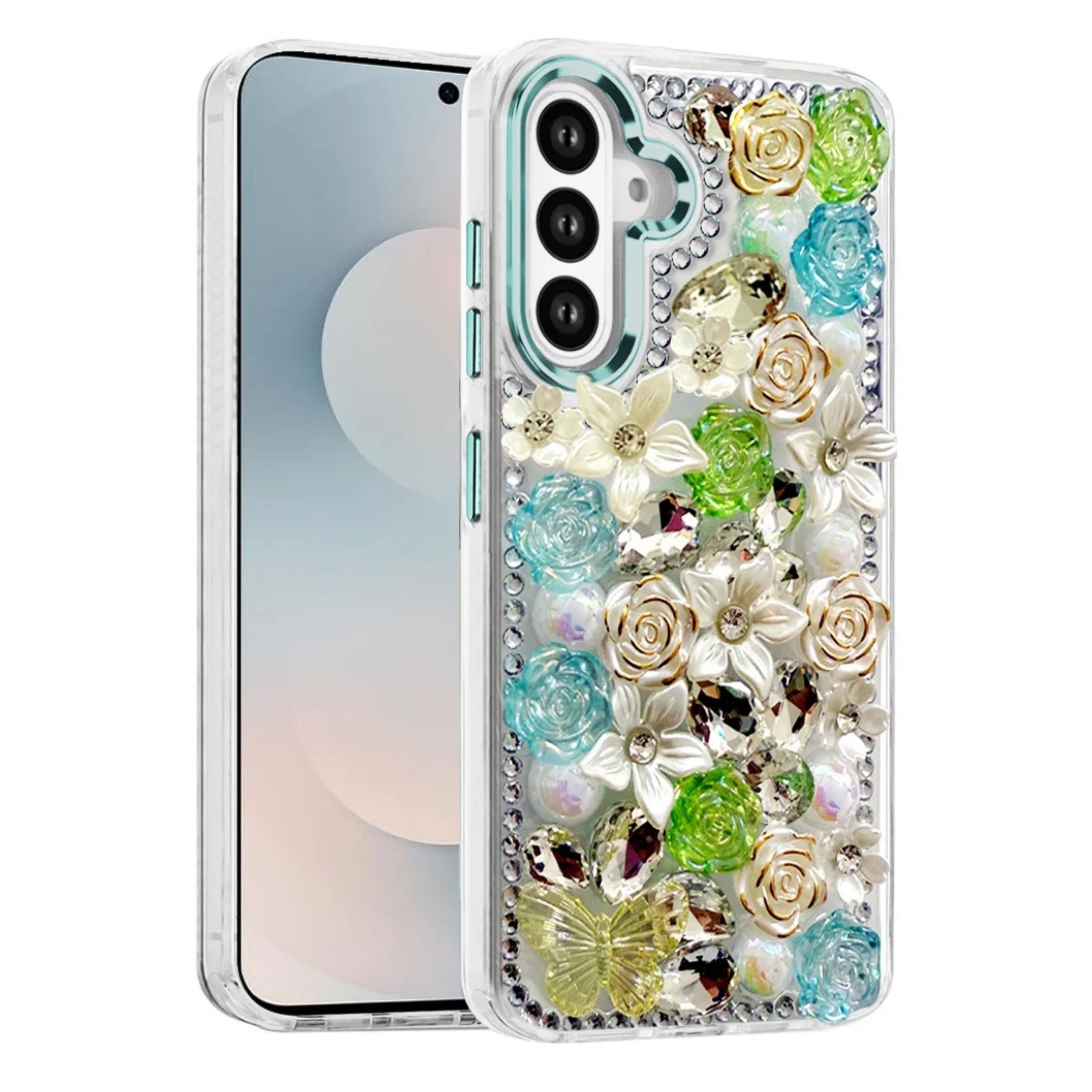 Angle. Kitcheniva - Full Floral 3D Bling Cute Phone Case With Tempered Glass For Samsung S26 6.3 Inch Green - Green.