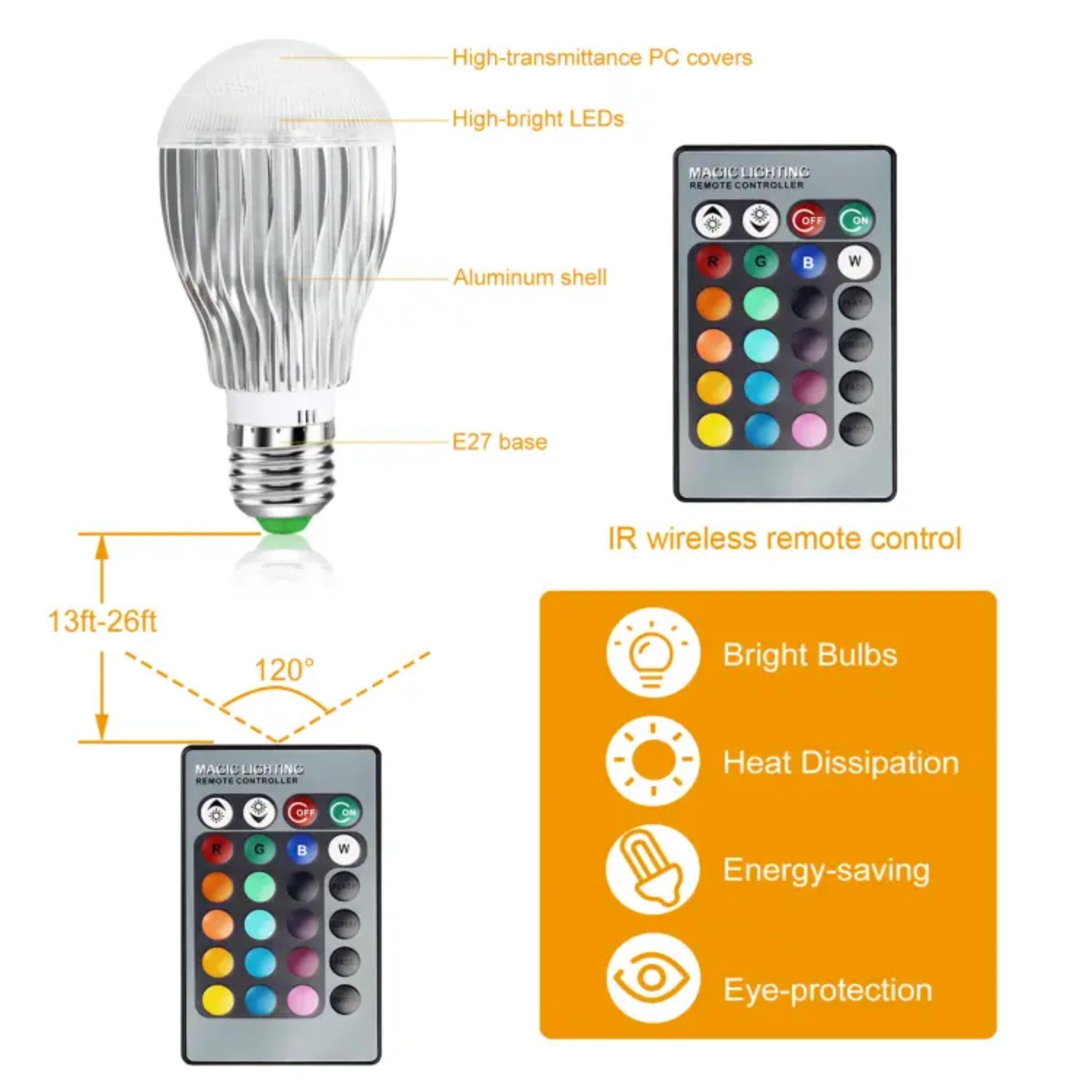 - High-transmittance PC covers
- High-bright LEDs
- Aluminum shell
- E27 base
- IR wireless remote control (13ft-26ft, 120°)
- Bright Bulbs
- Heat Dissipation
- Energy-saving
- Eye-protection