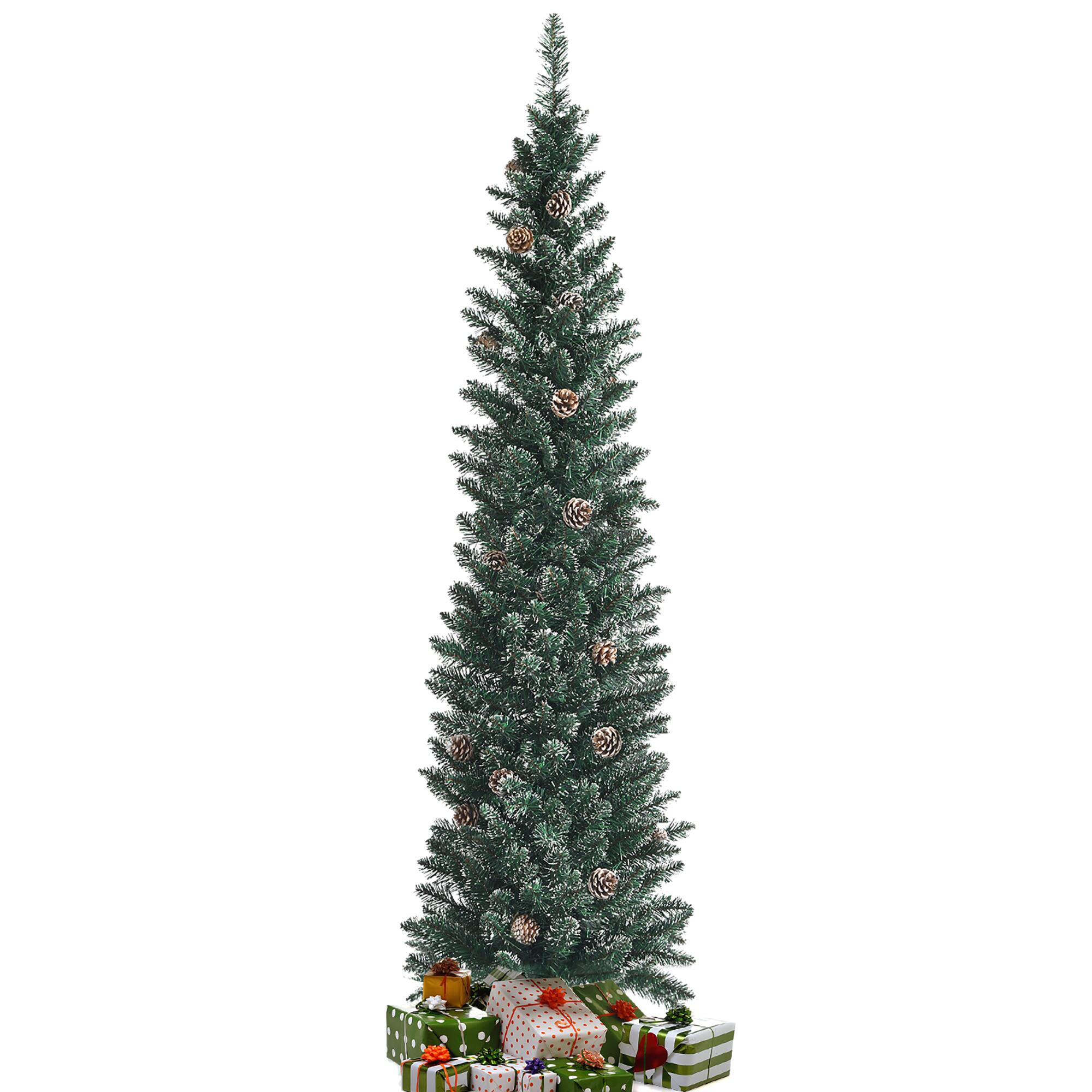 Alt View 18. Costway - 6ft Unlit Snowy PVC Artificial Slim Christmas Pencil Tree w/Pine Cones - Green.