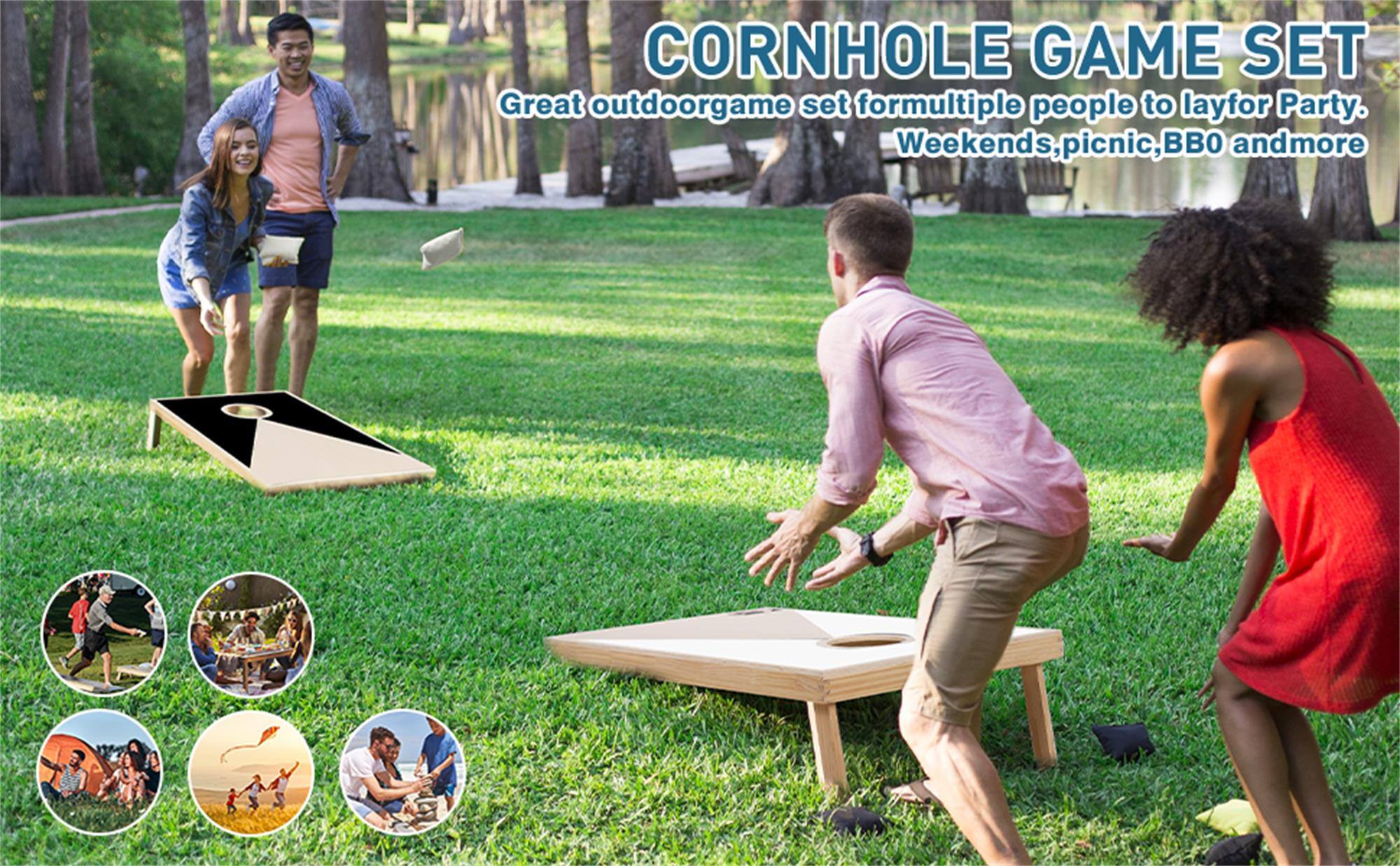 CORNHOLE GAME SET  
Great outdoor game set for multiple people to play for Party, Weekends, picnic, BBQ and more