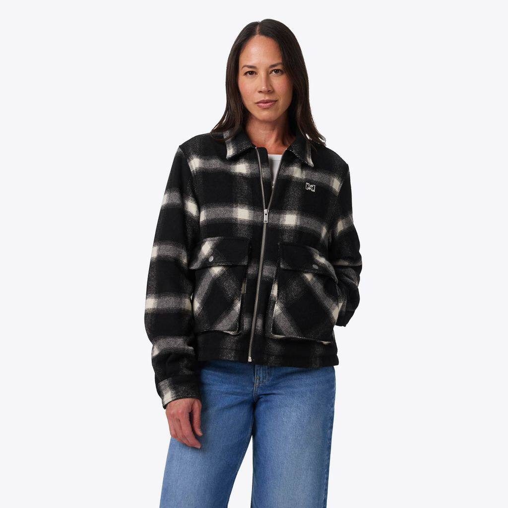 Front. Mobile Warming - Women's Kodiak Plaid Heated Jacket - Black and White.