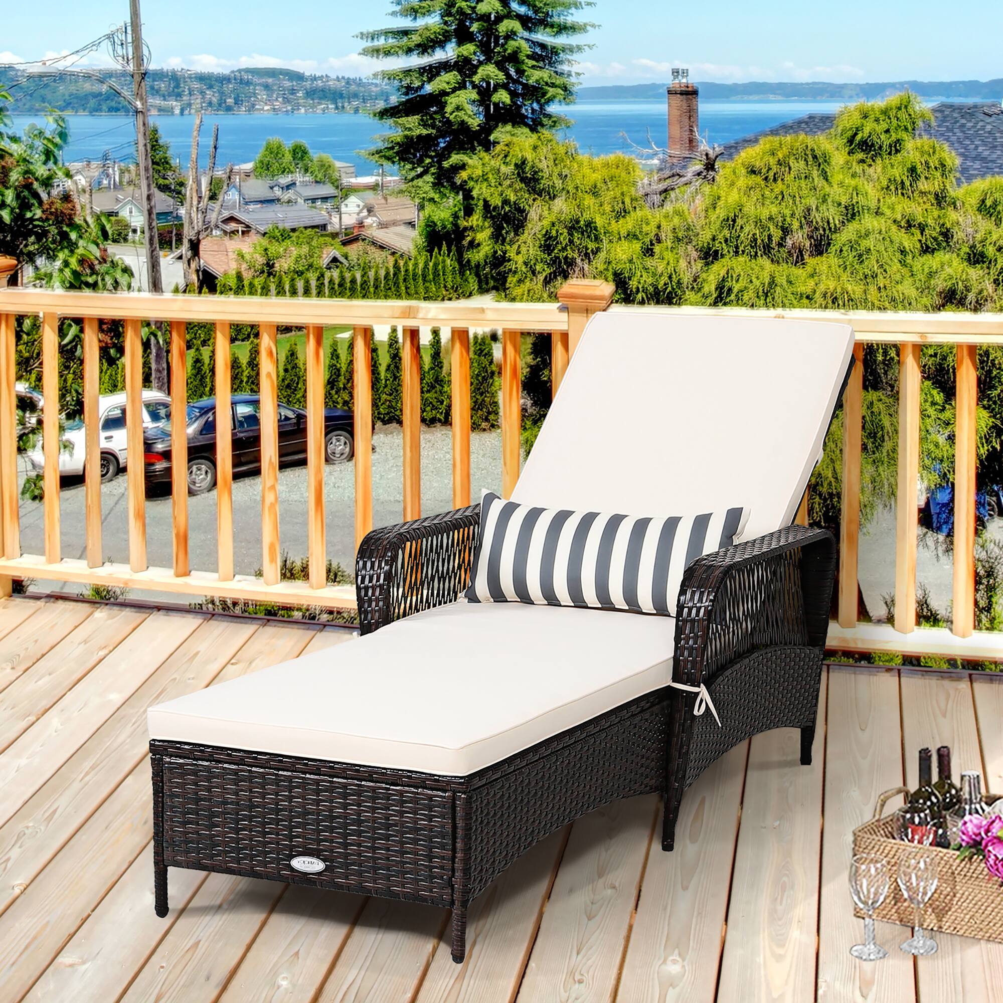 Alt View 1. Costway - PE Rattan Chaise Lounge Chair Armrest Recliner Adjustable Pillow - Mix brown, Off white.