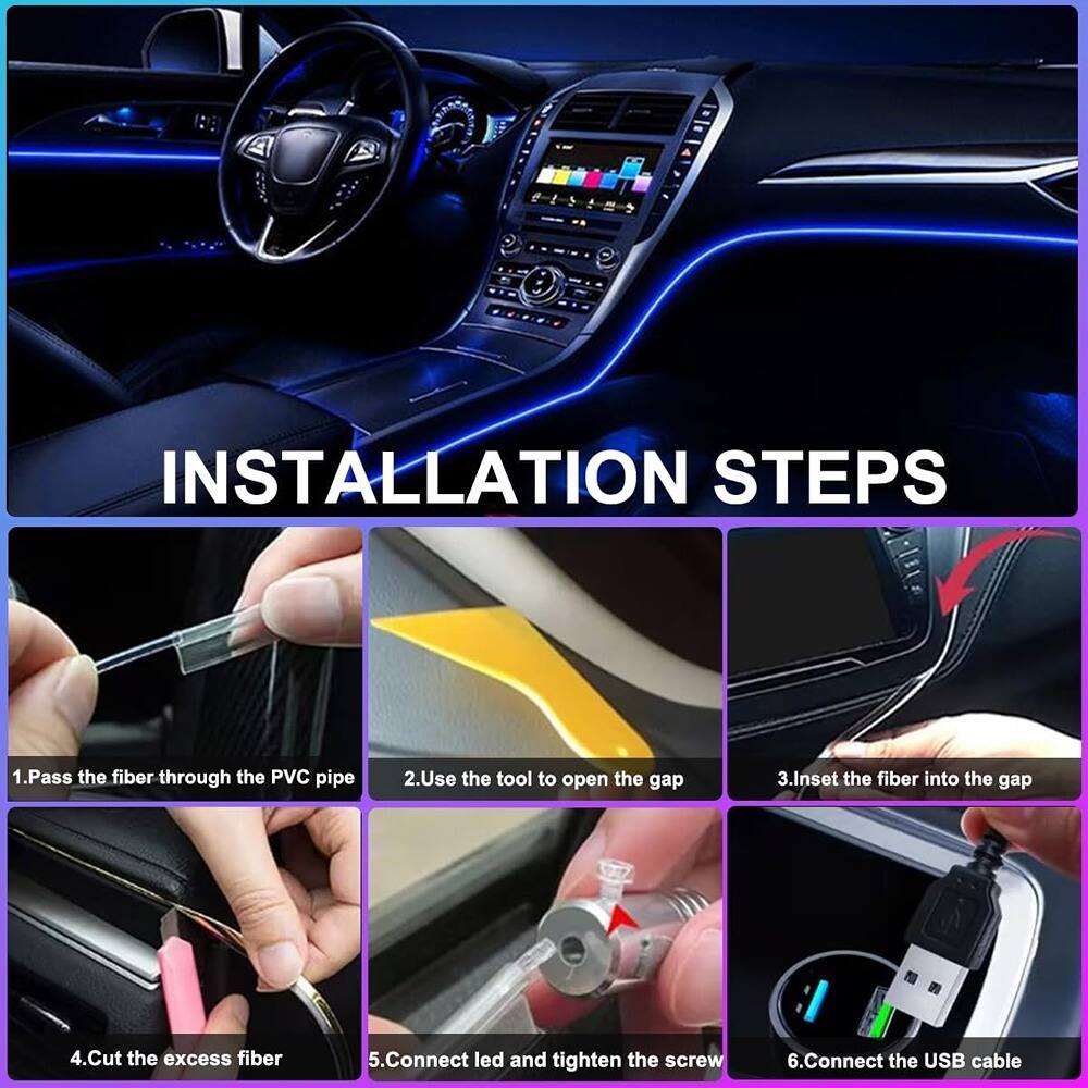 INSTALLATION STEPS

1. Pass the fiber through the PVC pipe
2. Use the tool to open the gap
3. Insert the fiber into the gap
4. Cut the excess fiber
5. Connect LED and tighten the screw
6. Connect the USB cable