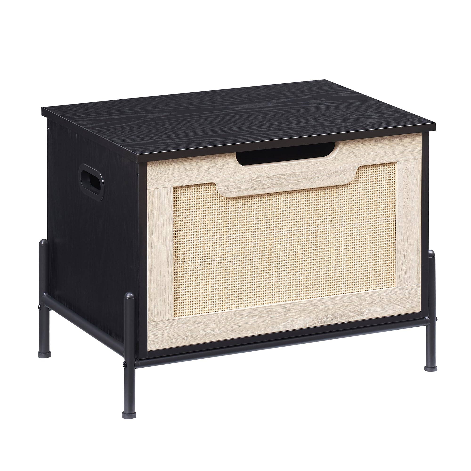 Front. Acekool - Rattan Storage Bench with Safety Hinge, 23.6 Inch Entryway Bench with Storage for Bedroom, Shoe Storage Bench Chest - Oak & Black.