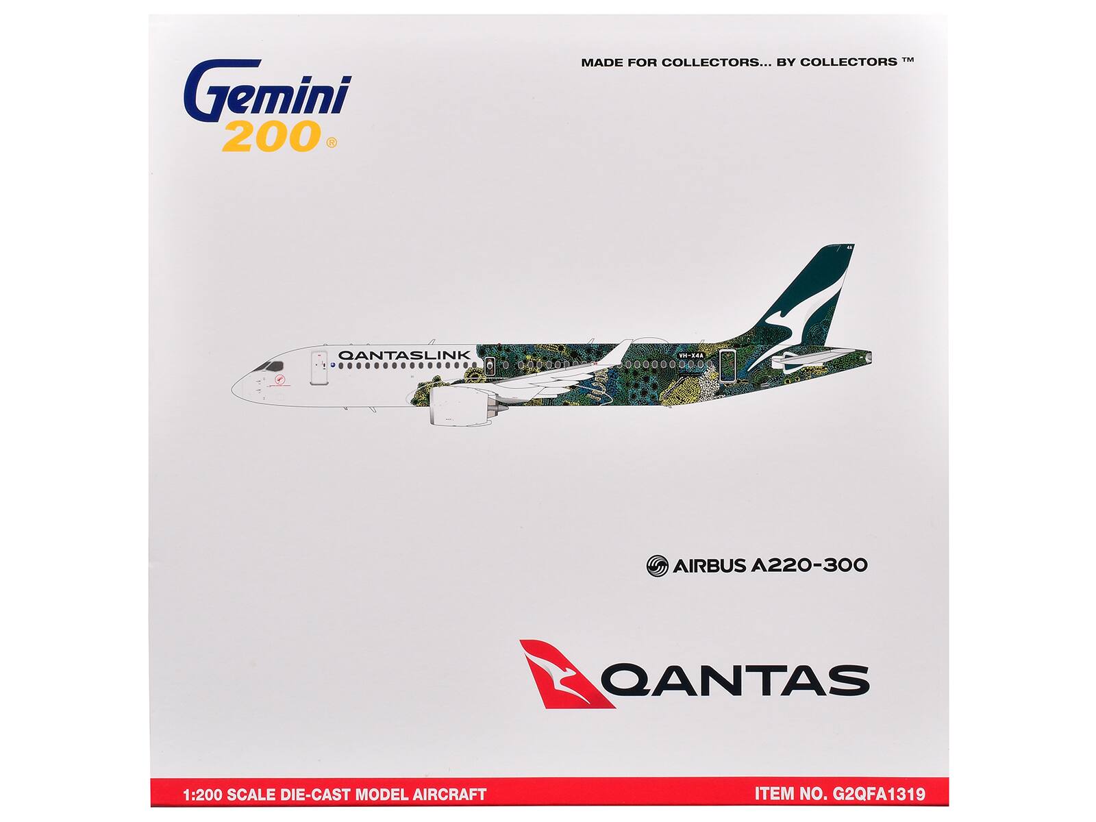 Gemini 200  
MADE FOR COLLECTORS... BY COLLECTORS™  

QANTASLINK  
VH-XAA  

AIRBUS A220-300  

QANTAS  

1:200 SCALE DIE-CAST MODEL AIRCRAFT  
ITEM NO. G2QFA1319