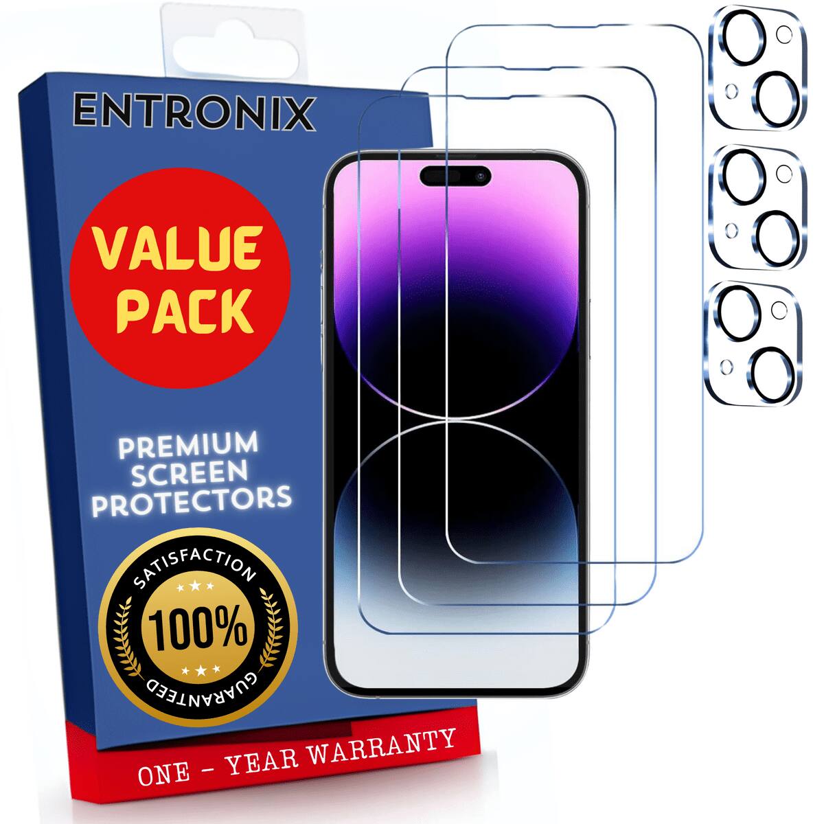 ENTRONIX  
VALUE PACK  
PREMIUM SCREEN PROTECTORS  
SATISFACTION 100% GUARANTEED  
ONE - YEAR WARRANTY