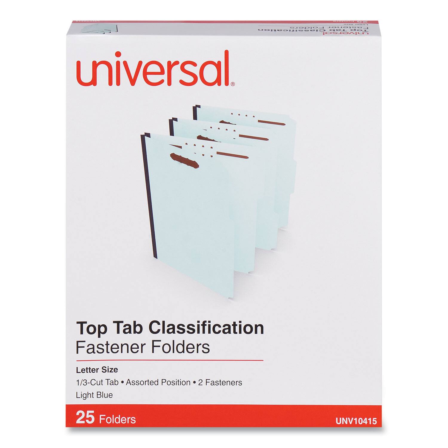 - Universal
- Top Tab Classification Fastener Folders
- Letter Size
- 1/3-Cut Tab
- Assorted Position
- 2 Fasteners
- Light Blue
- 25 Folders
- UNV10415