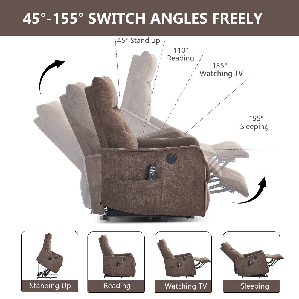 45°-155° SWITCH ANGLES FREELY

45° Stand up
110° Reading
135° Watching TV
155° Sleeping

Standing Up
Reading
Watching TV
Sleeping