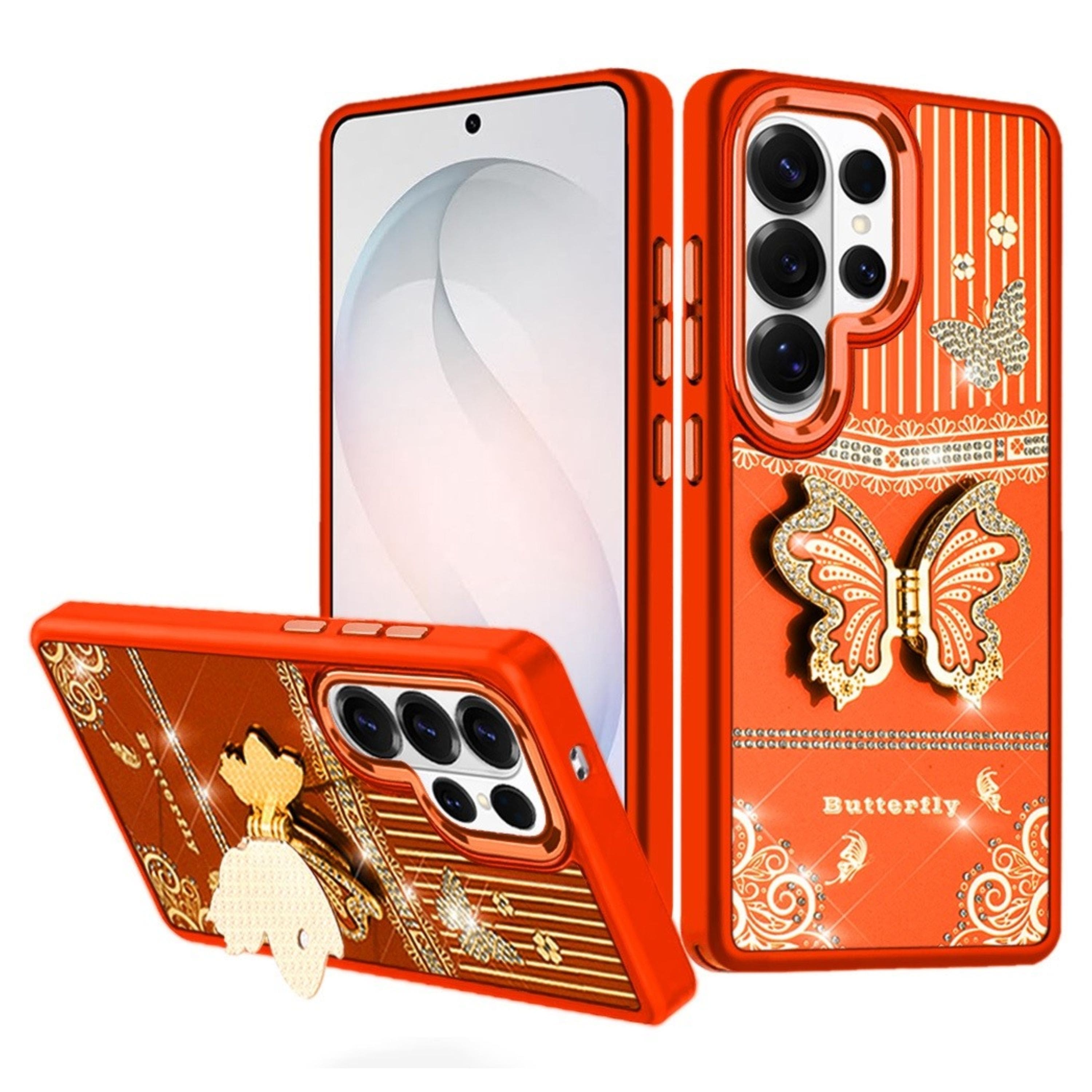 Kitcheniva - 3D Butterfly Bling Charm Stand Phone Case With Tempered Glass For Samsung Galaxy S26 Ultra - Cosmic Orange price history on PriceWatchPro