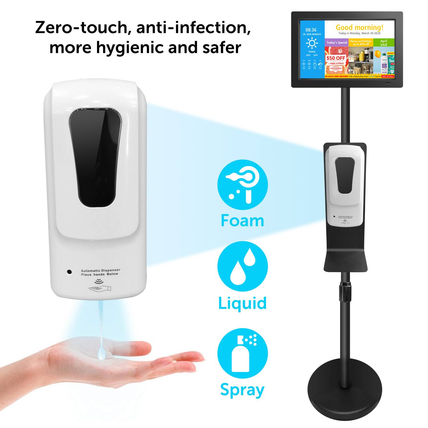 Zero-touch, anti-infection, more hygienic and safer

Foam Automatic Dispenser Place hands Below

Liquid

Spray