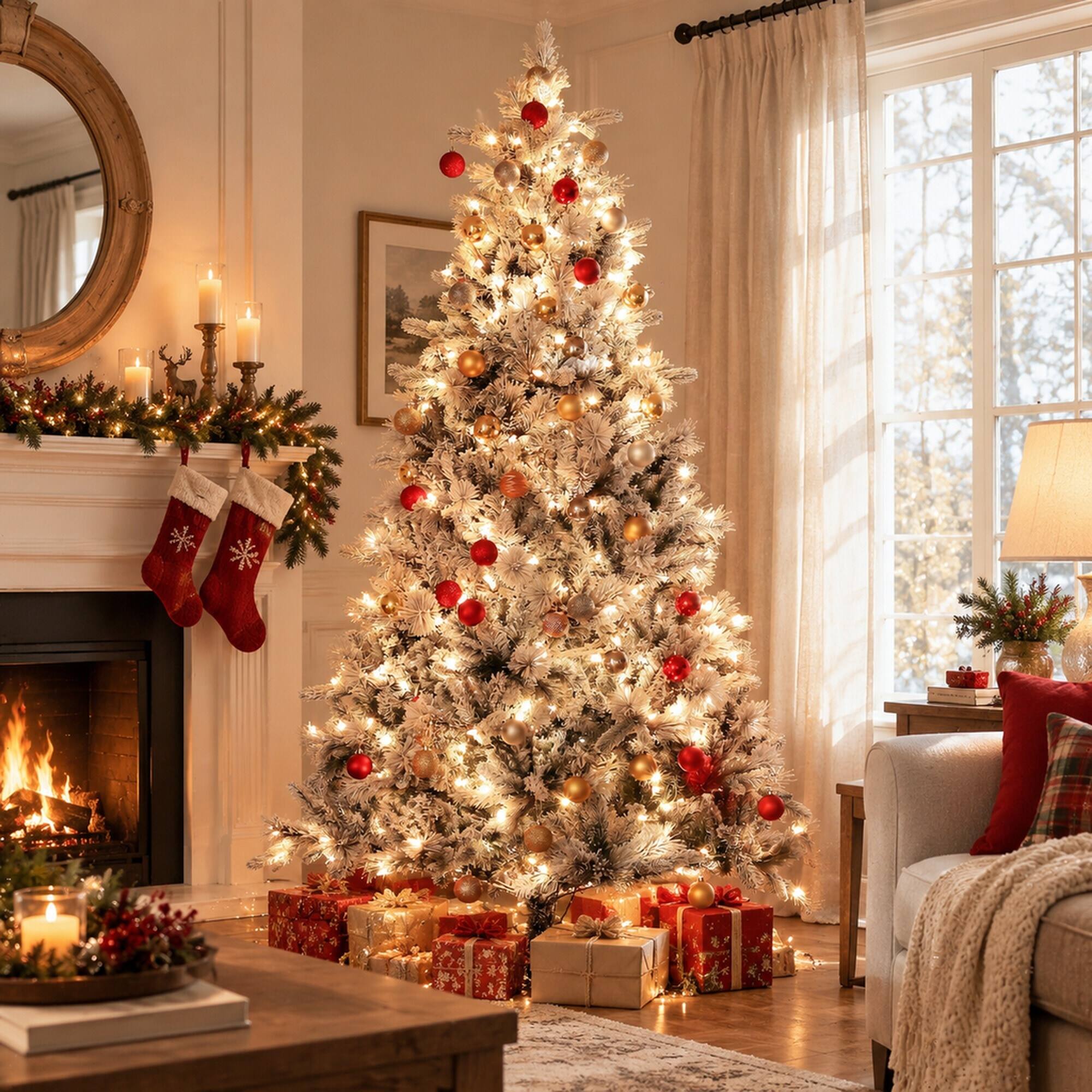 Angle. RYHNUYNE - 7.5 Ft Snow Flocked Artificial Christmas Tree With 500 Clear Lights, 1530 Tips Hinged Metal Stand Holiday Decor - Green.
