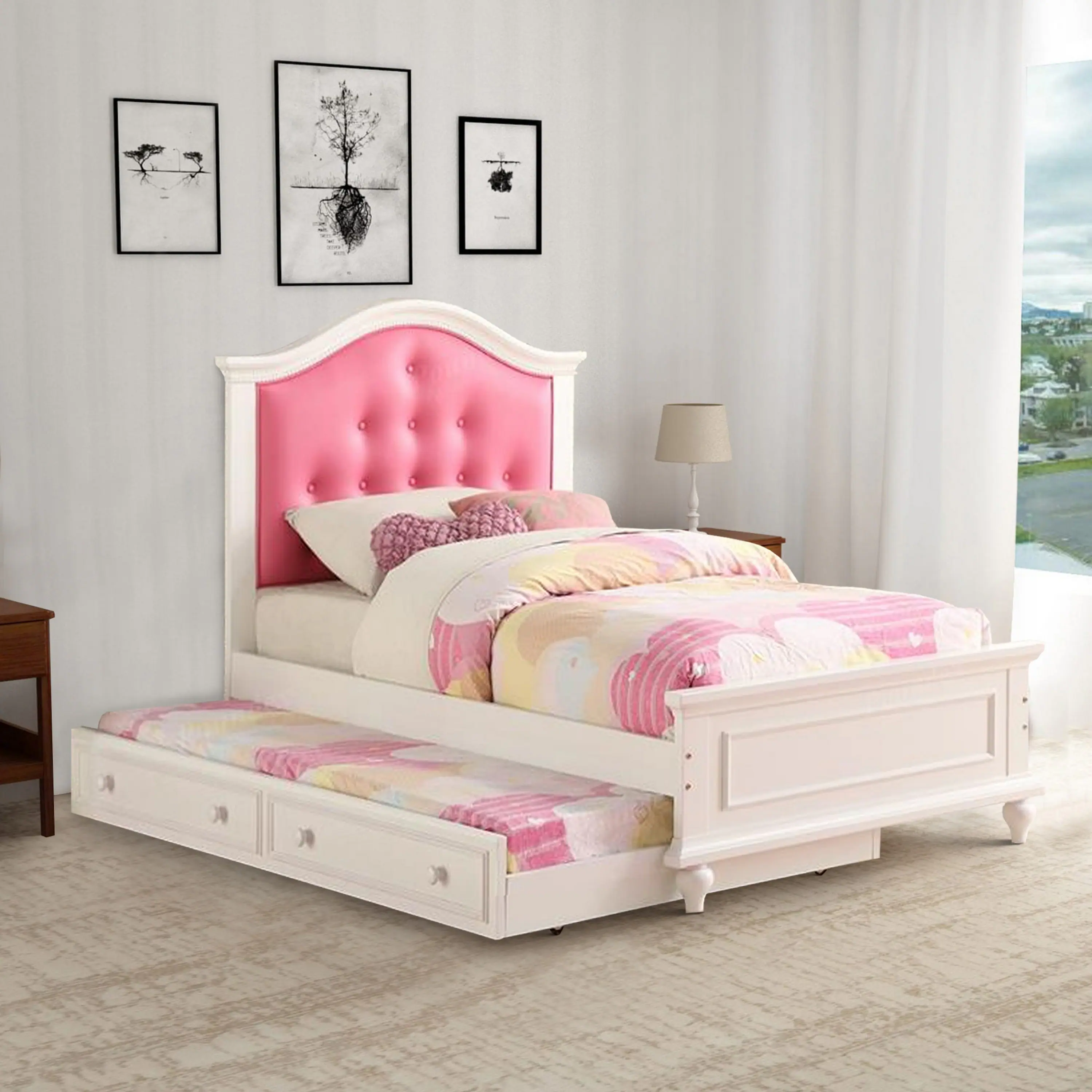 Alt View 5. Manhattan Lane - Cherub Twin Size Bed With Trundle - Pink & White.
