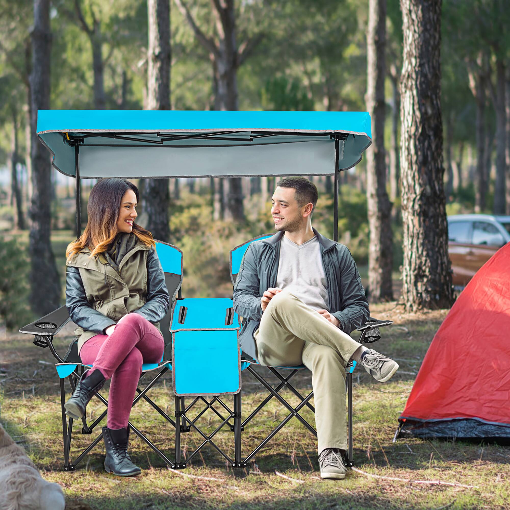 Alt View 1. Costway - Costway Portable Folding Camping Canopy Chairs w/ Cup Holder Cooler Outdoor - Blue.