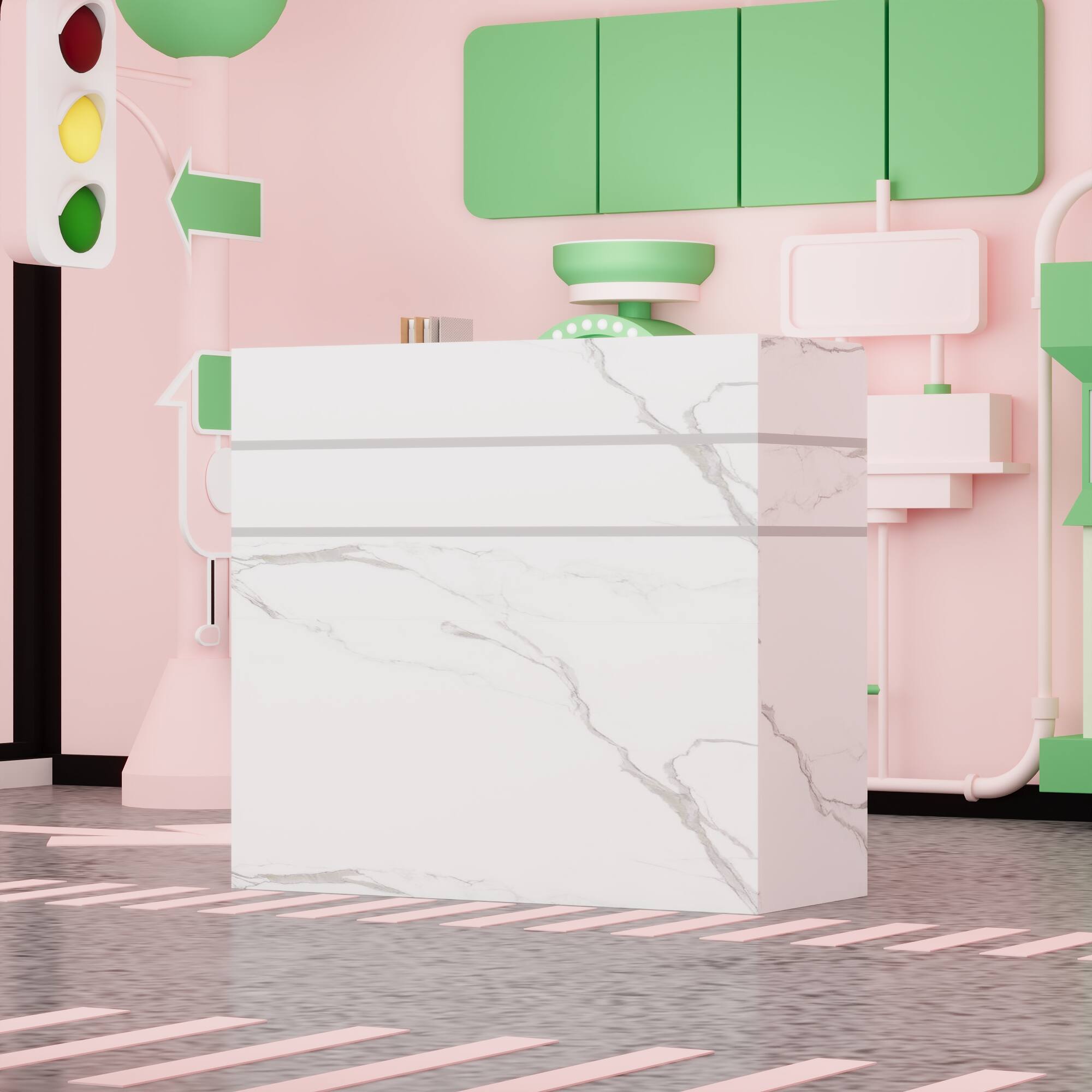 Left. Famapy - Marble Pattern Desk with Drawer and Cabinet, Computer Desk, Office Reception Table, Study Writing Table with Storage - Marble White.