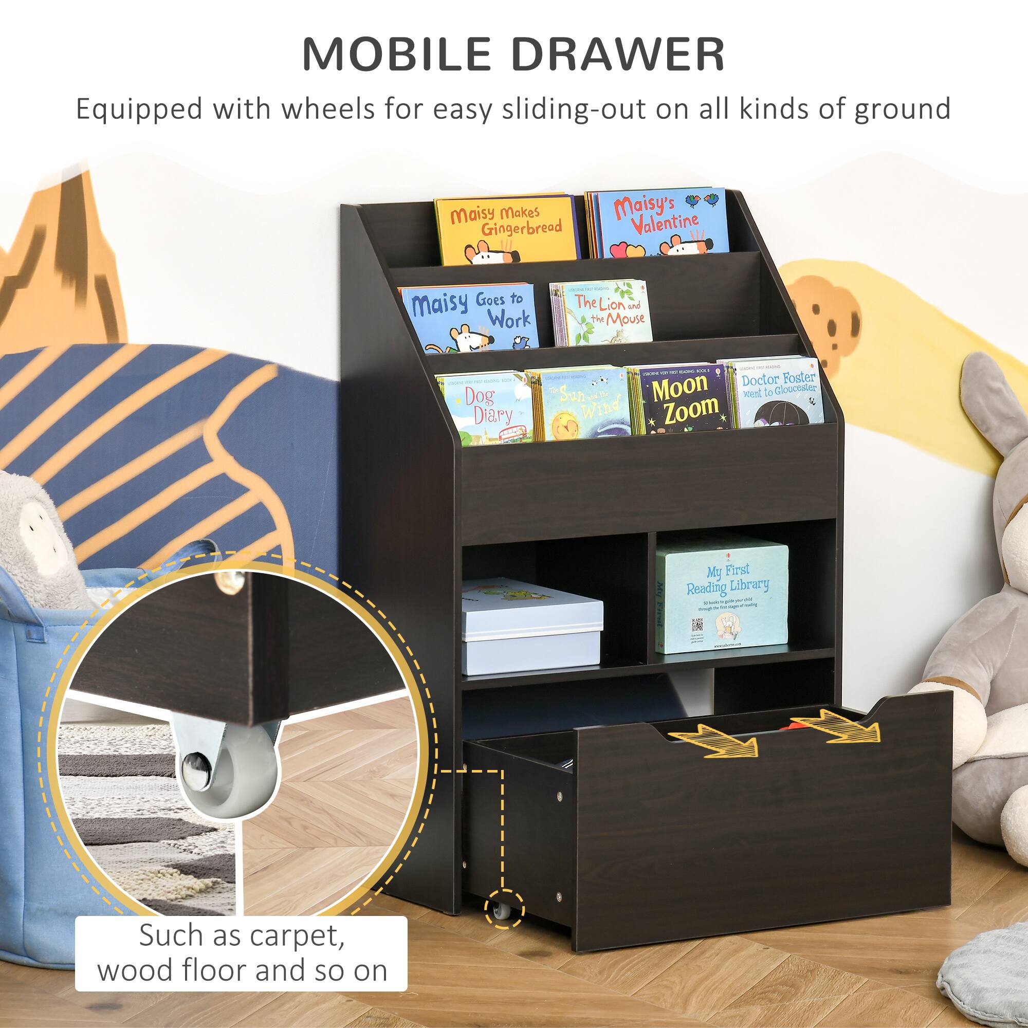 MOBILE DRAWER  
Equipped with wheels for easy sliding-out on all kinds of ground  

Maisy Makes Gingerbread  
Maisy's Valentine  
Maisy Goes to Work  
The Lion and the Mouse  
Dog Diary  
Moon Zoom  
Doctor Foster  
My First Reading Library  

Such as carpet, wood floor and so on