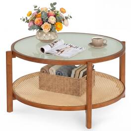 Gymax - Rattan Coffee Table 2-Tier Wooden Center Table w/ Frosted Tempered Glass Top - Brown