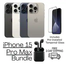 Apple - Refurbished Excellent - iPhone 15 Pro Max A2849 (Unlocked) 512GB w/ Pre-Installed Tempered Glass and Bluetooth Earbuds - Black Titanium