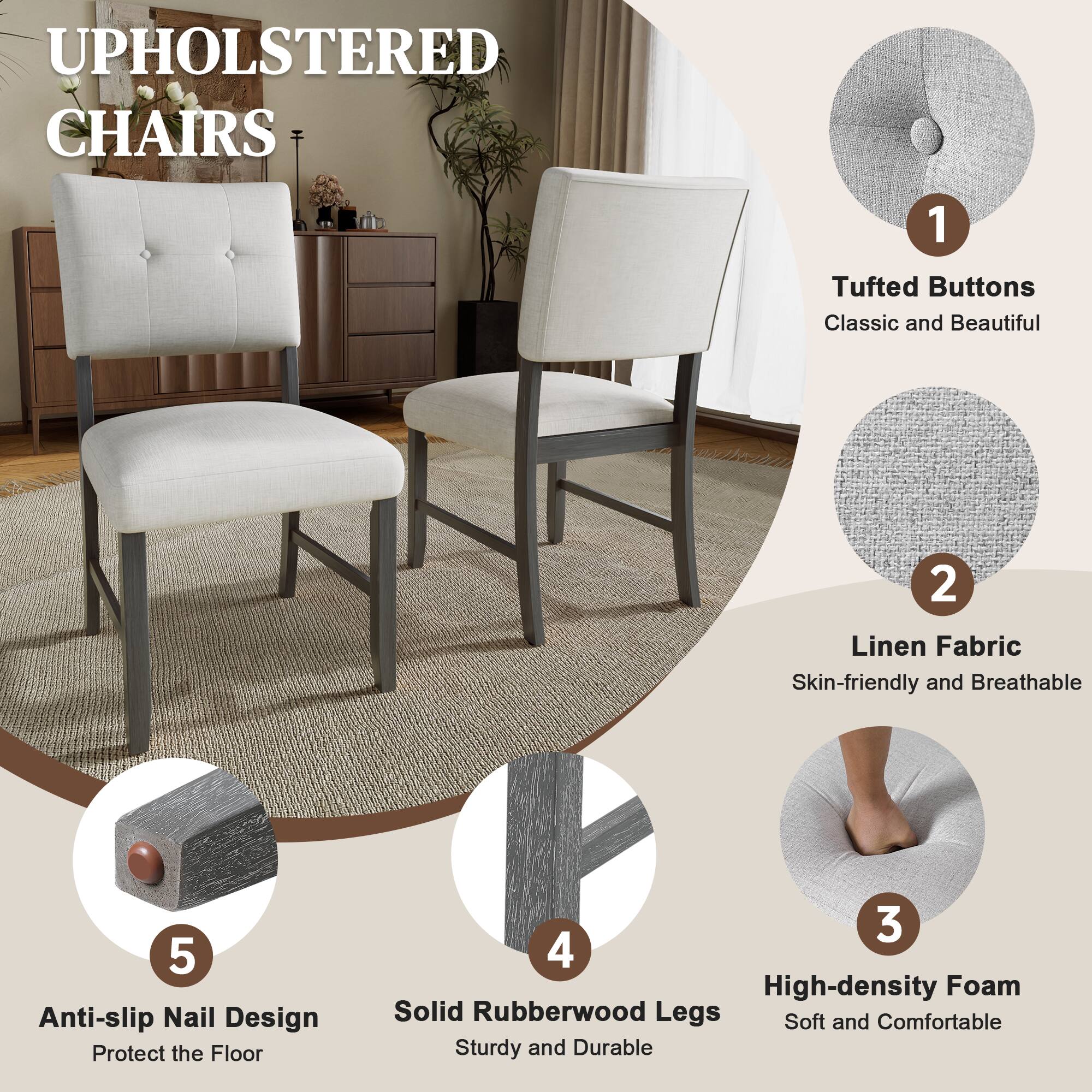 UPHOLSTERED CHAIRS

1. Tufted Buttons
   - Classic and Beautiful

2. Linen Fabric
   - Skin-friendly and Breathable

3. High-density Foam
   - Soft and Comfortable

4. Solid Rubberwood Legs
   - Sturdy and Durable

5. Anti-slip Nail Design
   - Protect the Floor