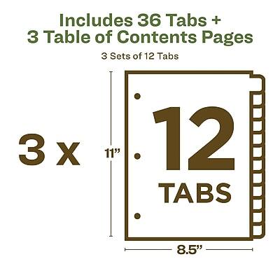 Includes 36 Tabs + 3 Table of Contents Pages  
3 Sets of 12 Tabs  
3 x 12 Tabs  
11" x 8.5"