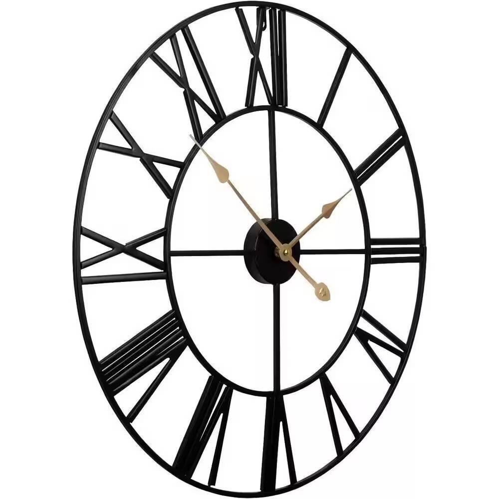 Alt View 1. Hivvago - Round 24-inch Black Metal Roman Numeral Wall Clock with Gold Hands - Black / Gold.