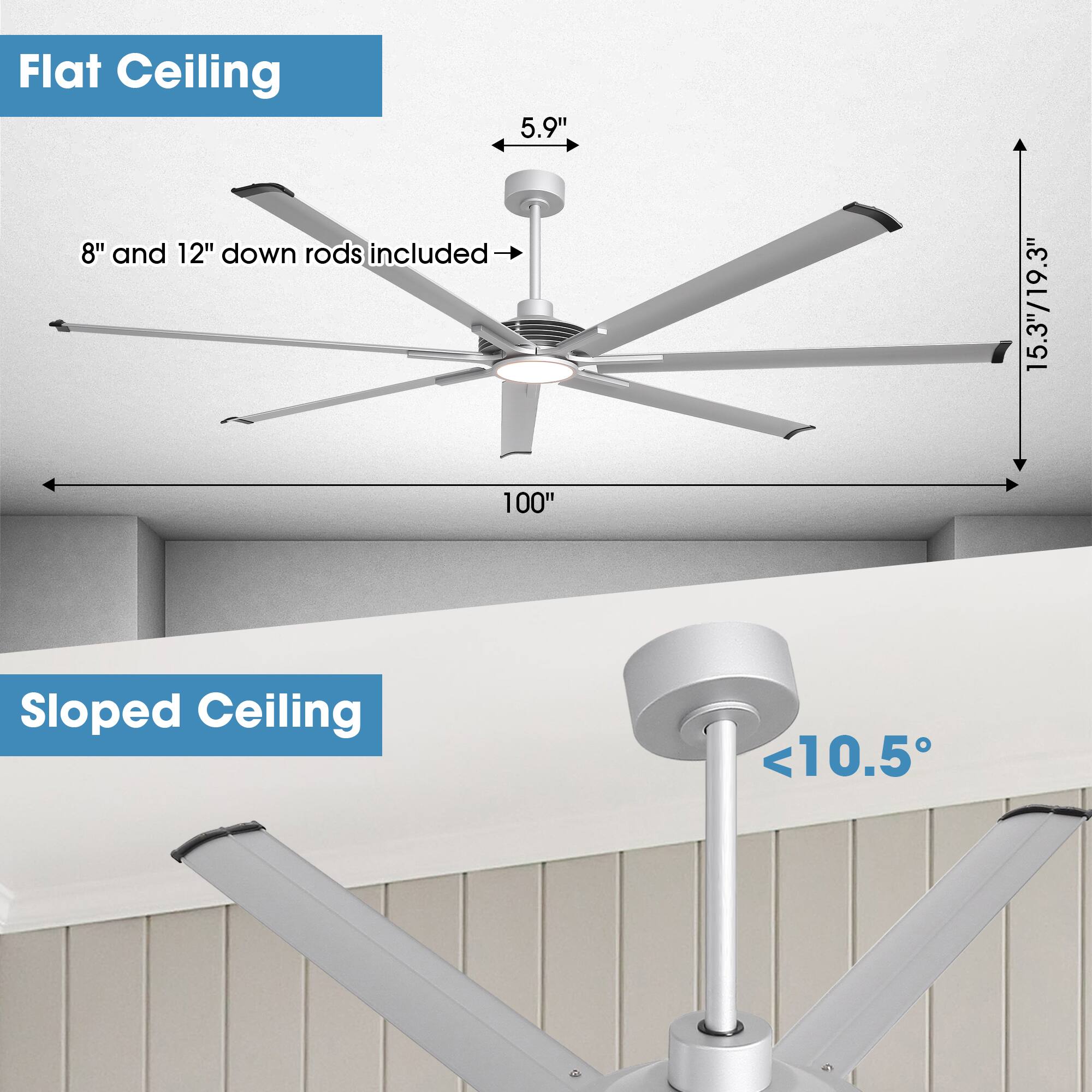 Flat Ceiling  
5.9"  
8" and 12" down rods included  
15.3"/19.3"  
100"  

Sloped Ceiling  
10.5°