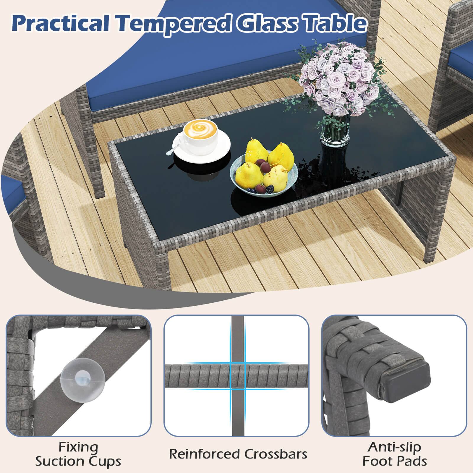 Practical Tempered Glass Table

- Fixing Suction Cups
- Reinforced Crossbars
- Anti-slip Foot Pads