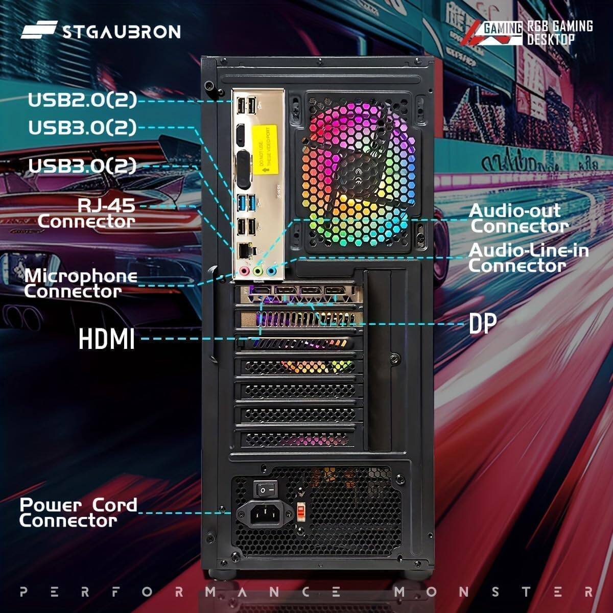 STGAUBRON V  
GAMING RGB GAMING DESKTOP  
USB2.0(2)  
USB3.0(2)  
USB3.0(2)  
RJ-45 Connector  
Microphone Connector  
HDMI  
Audio-out Connector  
Audio-Line-in Connector  
DP  
Power Cord Connector  
PERFORMANCE MONSTER