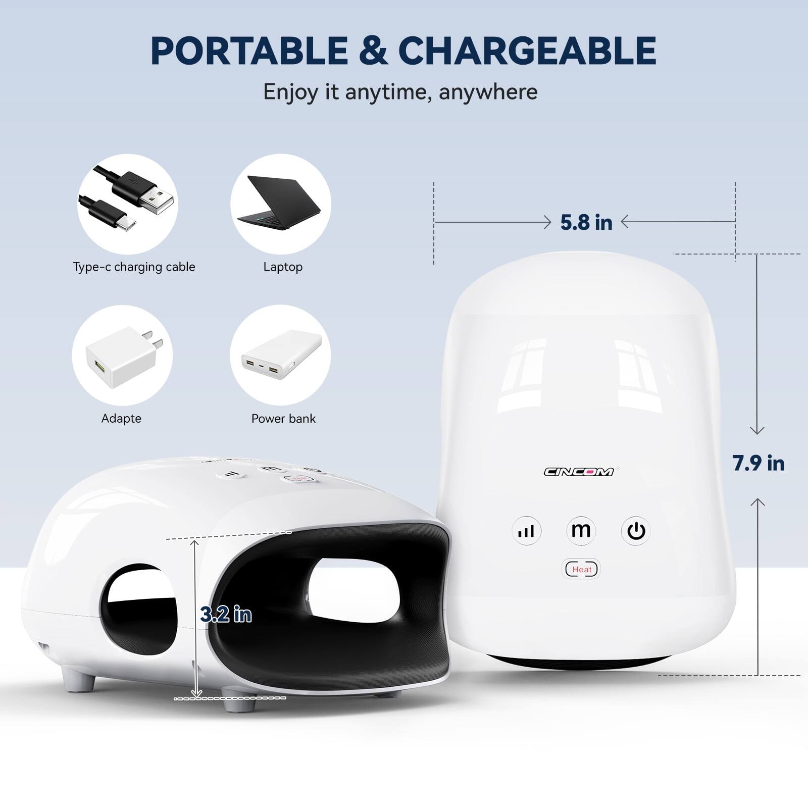 PORTABLE & CHARGEABLE  
Enjoy it anytime, anywhere

- Type-c charging cable
- Laptop
- Adapte
- Power bank

CINCOM  
7.9 in  
Heat  
3.2 in