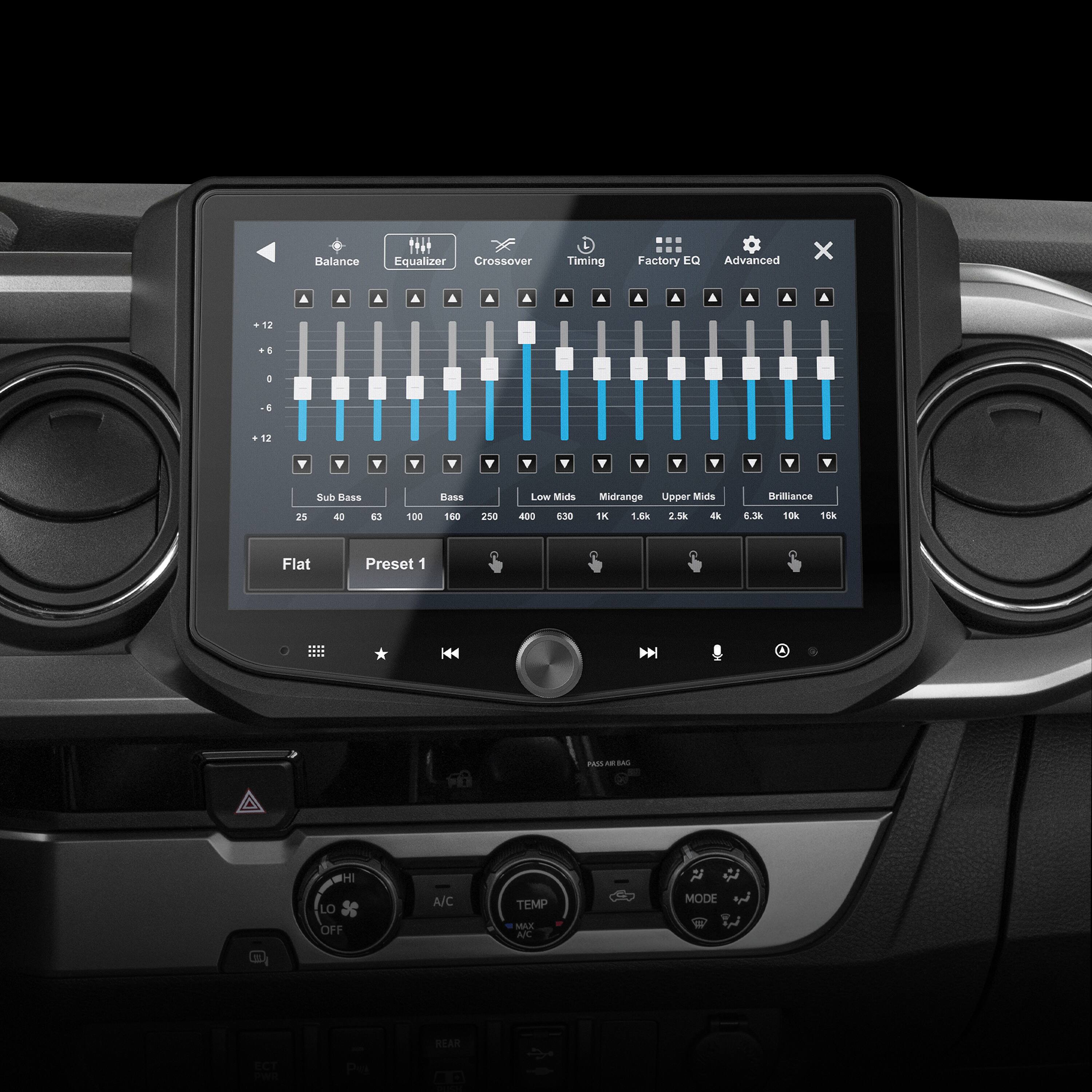 The text on the image is grouped and corrected as follows:

Balance Equalizer Crossover Timing Factory EQ Advanced x A 12 4 : 4 12 Sub Has 25 40 63 100 Rass S00 250 Low Mids 400 830 Midrange Upper Mids SK 1.6 2.5k a Brilliance 6.38 10k TEN Flat Preset 1 HH  As An SAG HI LO OFF A/C TEMP MODE REAR