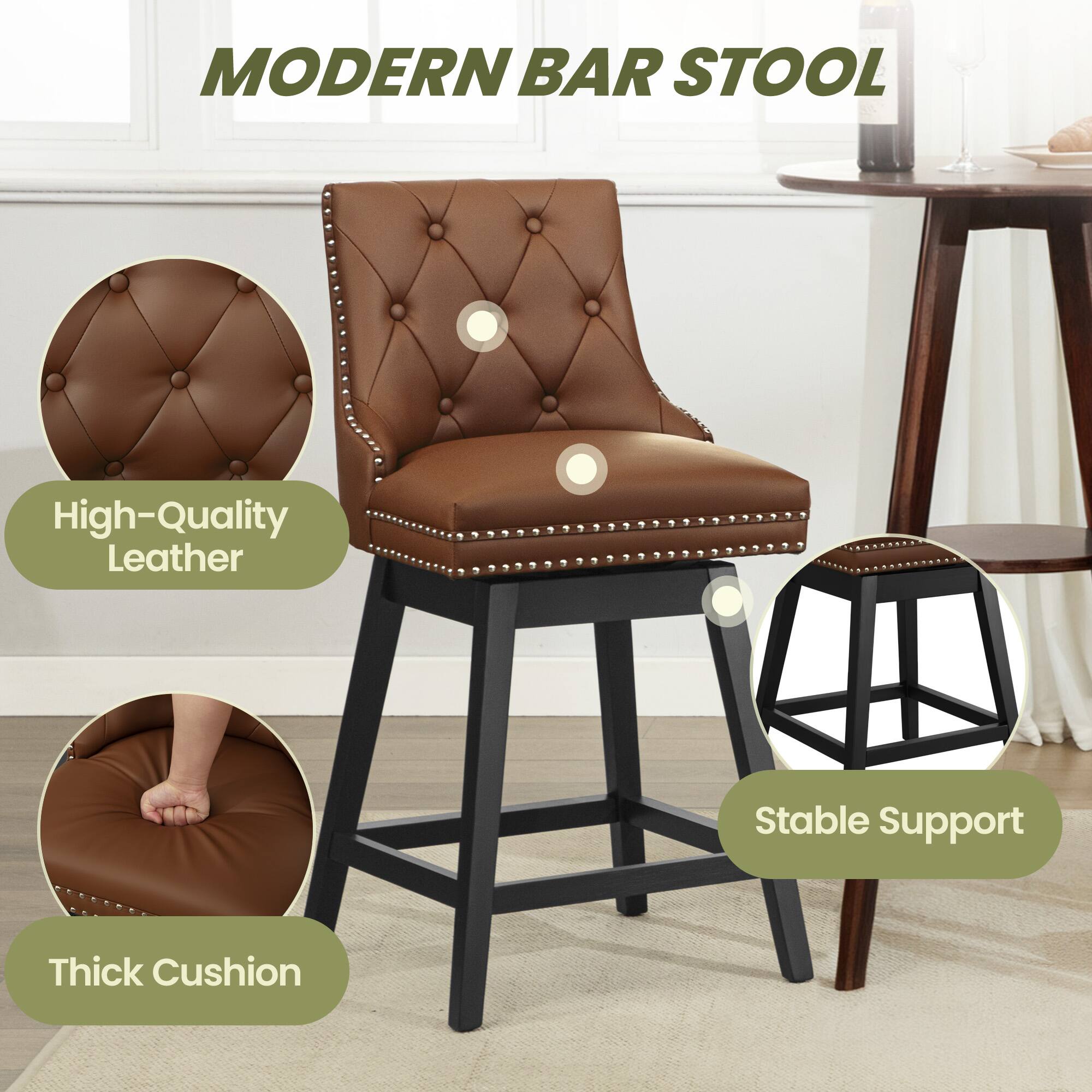 MODERN BAR STOOL

- High-Quality Leather
- Thick Cushion
- Stable Support