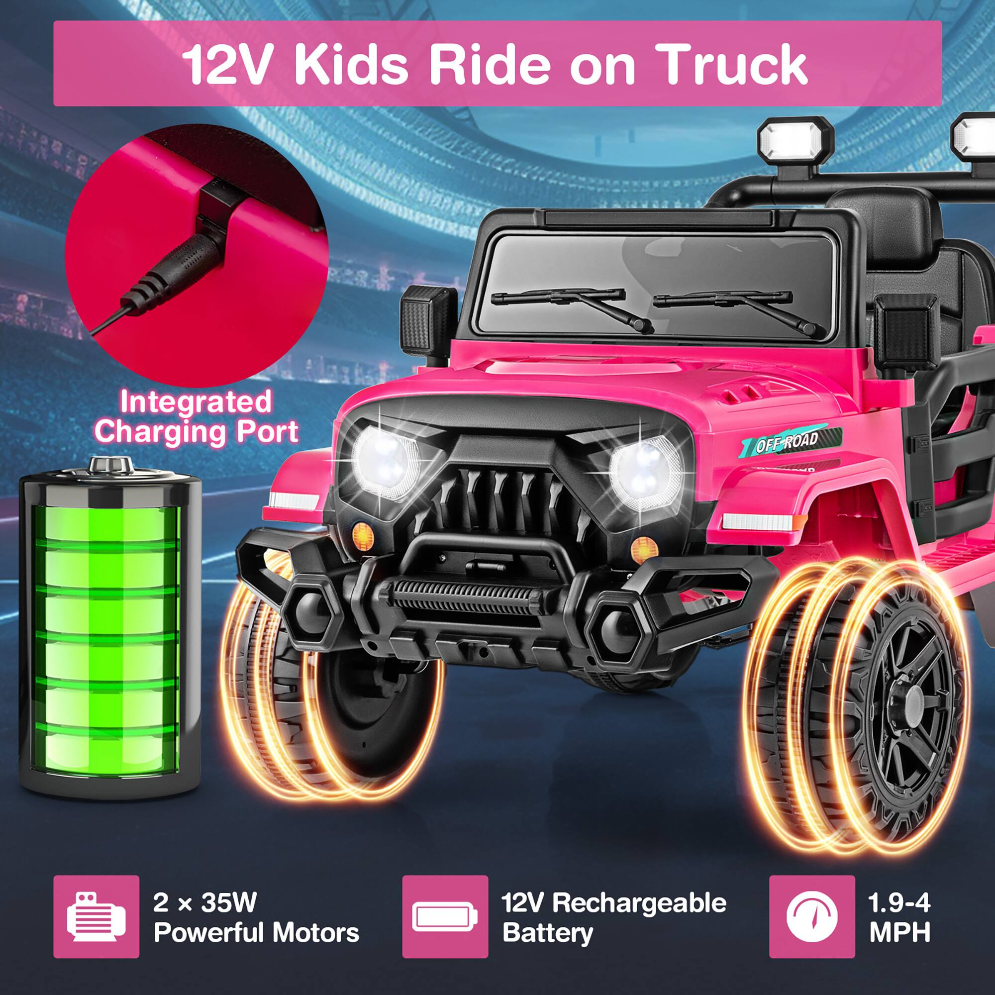 12V Kids Ride on Truck

Integrated Charging Port

OFFROAD

2 x 35W Powerful Motors

12V Rechargeable Battery

1.9-4 MPH