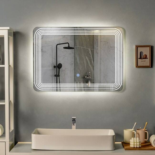 Angle. Hivvago - 3 Tone LED Touch Sensor Wall Mounted Bathroom Mirror - Silver.