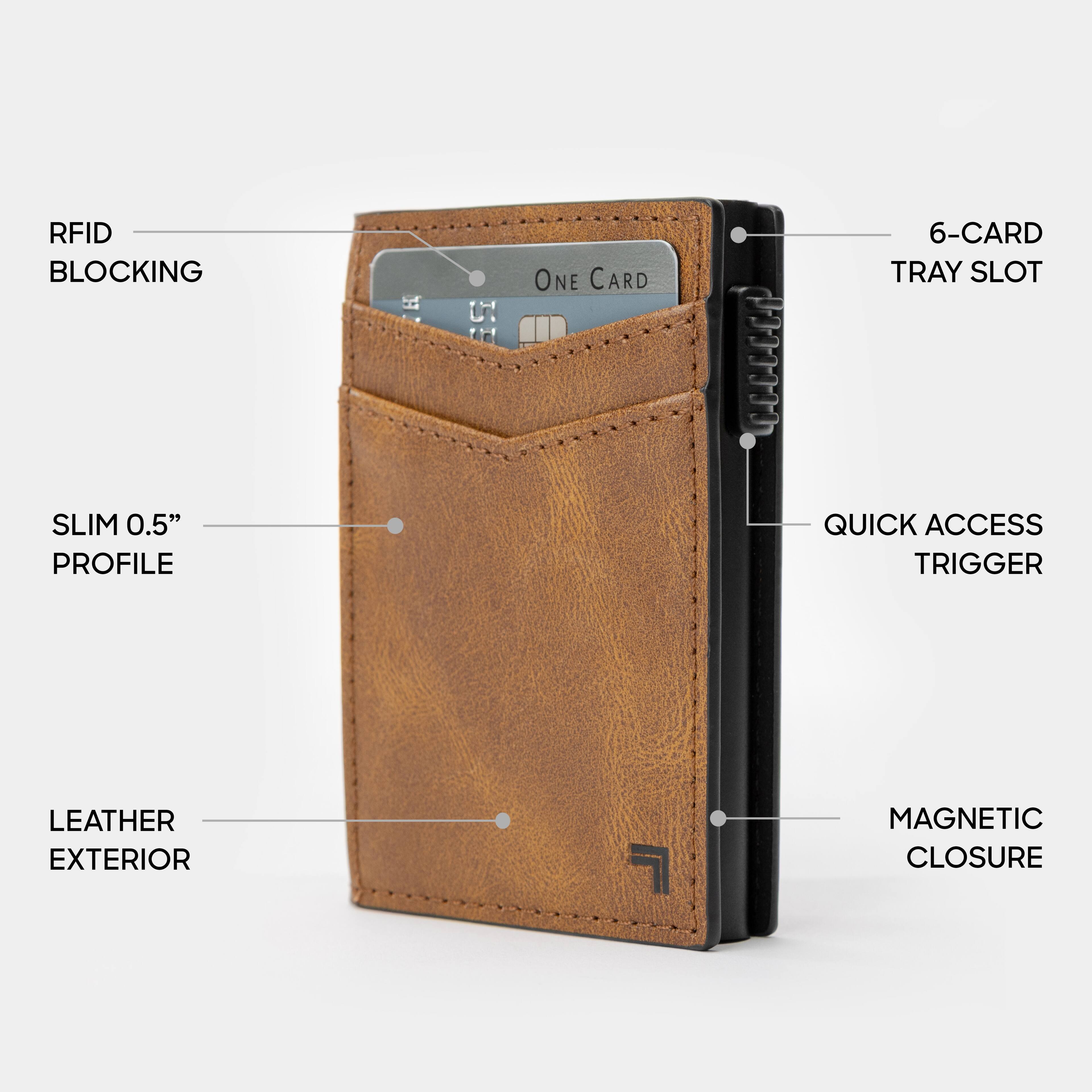 RFID BLOCKING  
6-CARD TRAY SLOT  
SLIM 0.5" PROFILE  
QUICK ACCESS TRIGGER  
LEATHER EXTERIOR  
MAGNETIC CLOSURE