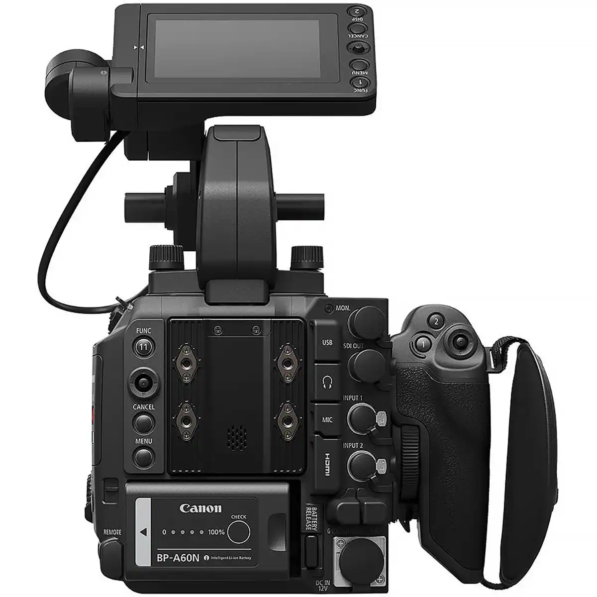 2 DISP  
CANCEL  
MENU  
1 FUNC  
MON.  
FUNC 11  
USB  
SDI OUT  
2  
CANCEL  
INPUT 1  
MIC  
INPUT 2  
X DV 12V  

Canon  
CHECK 100%  
BP-A60N  
Intelligent Li-ion Battery  
RELEASE  
BATTERY