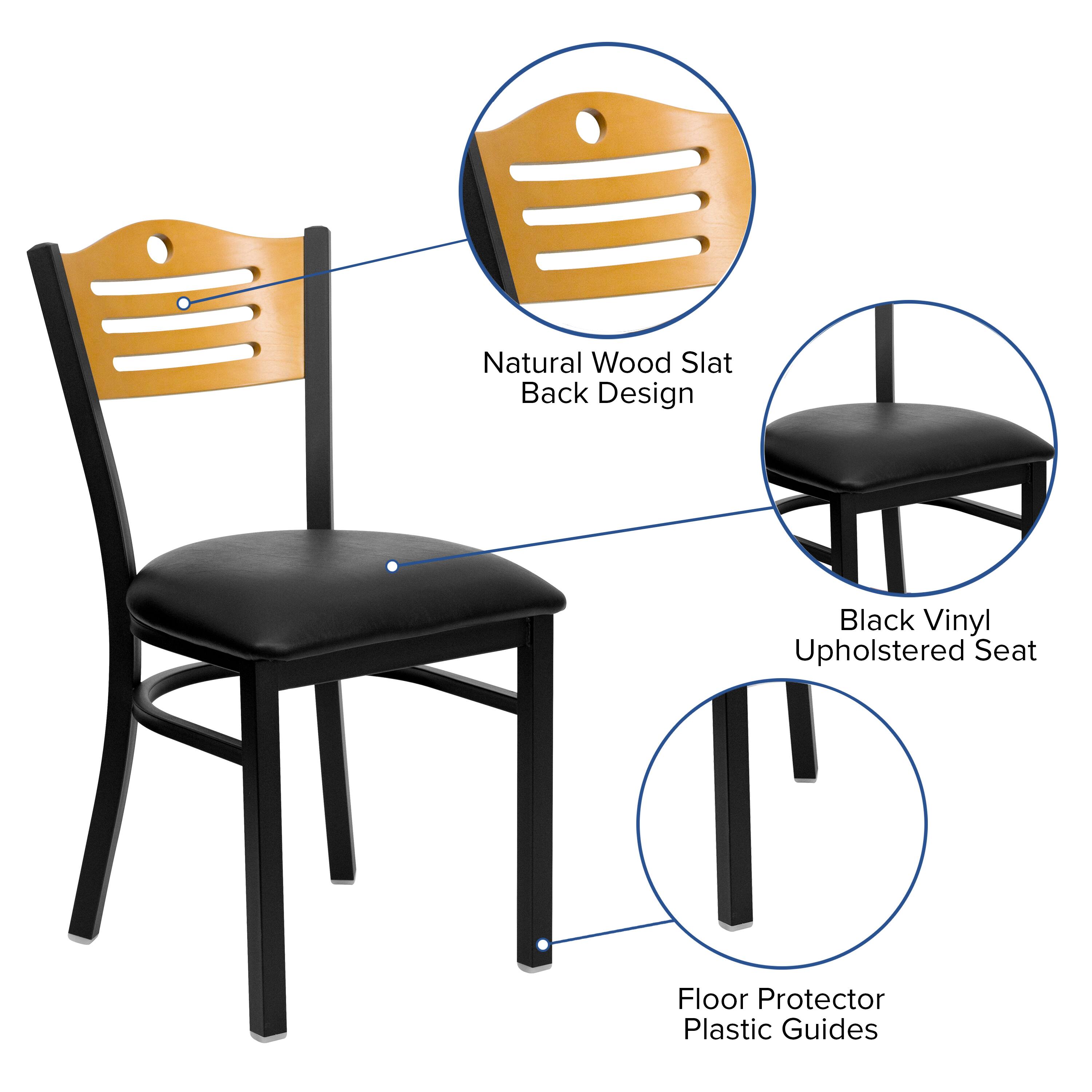 Natural Wood Slat Back Design  
Black Vinyl Upholstered Seat  
Floor Protector Plastic Guides