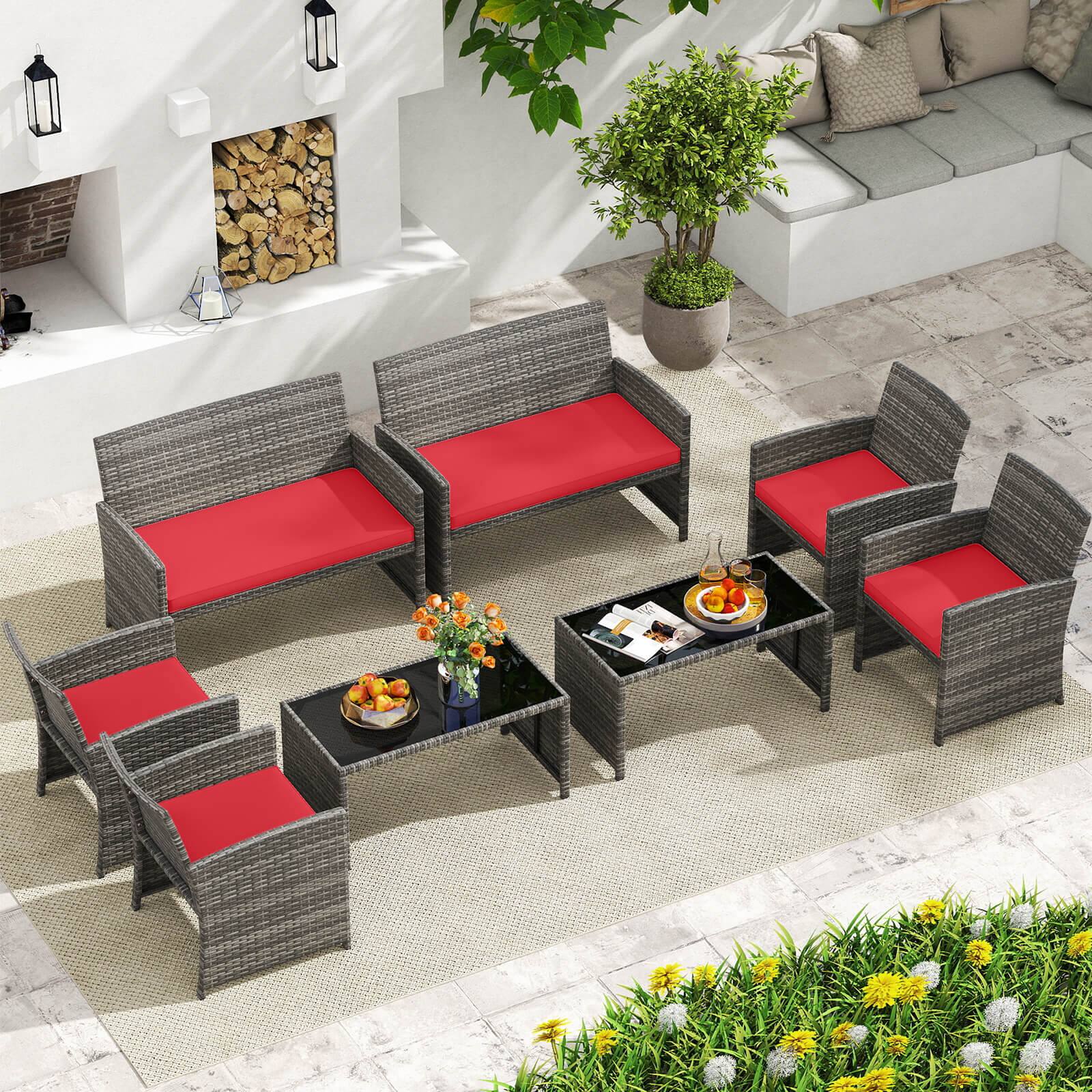 Alt View 1. Costway - Costway 8 PCS Patio Conversation Set with Seat Cushions & Tempered Glass Tabletop, Outdoor - Red,Gray.