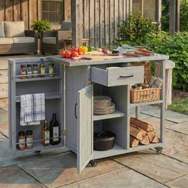 Anysun - Fir Wood Outdoor Kitchen Island Cart with Stainless Top - Lockable, Ample Storage, Towel & Spice Racks for Patio.