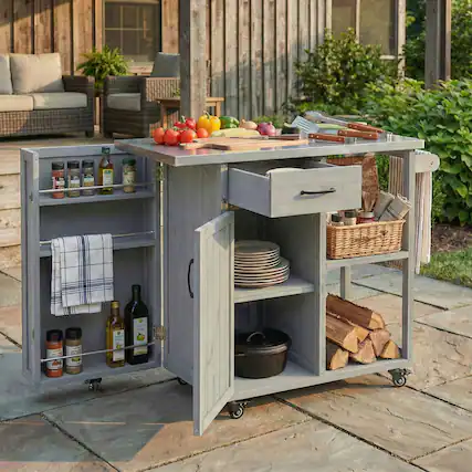 Front. Anysun - Fir Wood Outdoor Kitchen Island Cart with Stainless Top - Lockable, Ample Storage, Towel & Spice Racks for Patio..