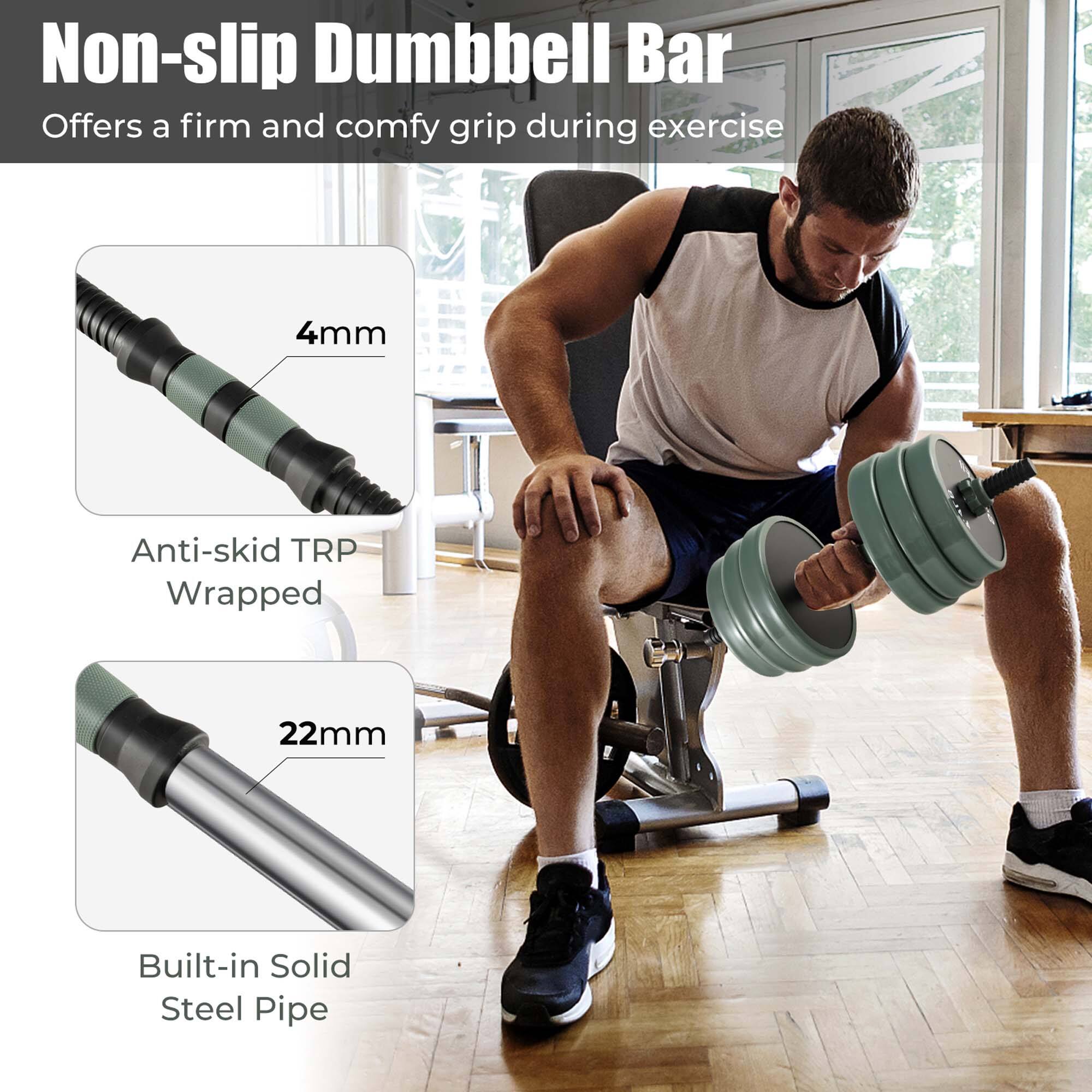 The image features a man holding a pair of green dumbbells while sitting on a chair. The dumbbells are designed with a non-slip grip, providing a firm and comfortable hold during exercise. The dumbbells are made of a built-in solid steel pipe, ensuring durability and stability. The grip is wrapped with an anti-skid TRP material, further enhancing the grip and preventing the dumbbells from slipping during use.