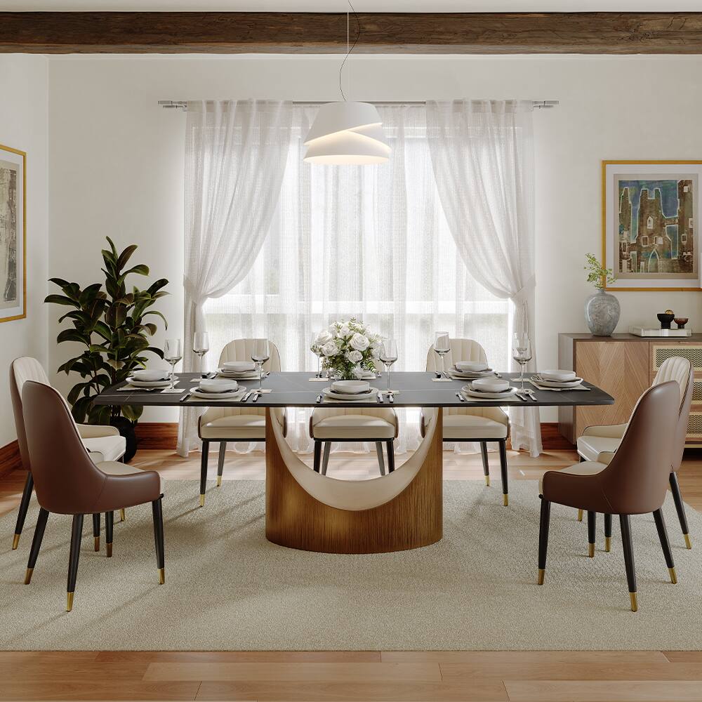 Angle. POVISON - 94" Modern Minimalist Dining Table for 10, Black Rectangular Matte Sintered Stone Tabletop, Bronze Carbon Steel Leg - Matte Black Sintered Stone with Bronze.