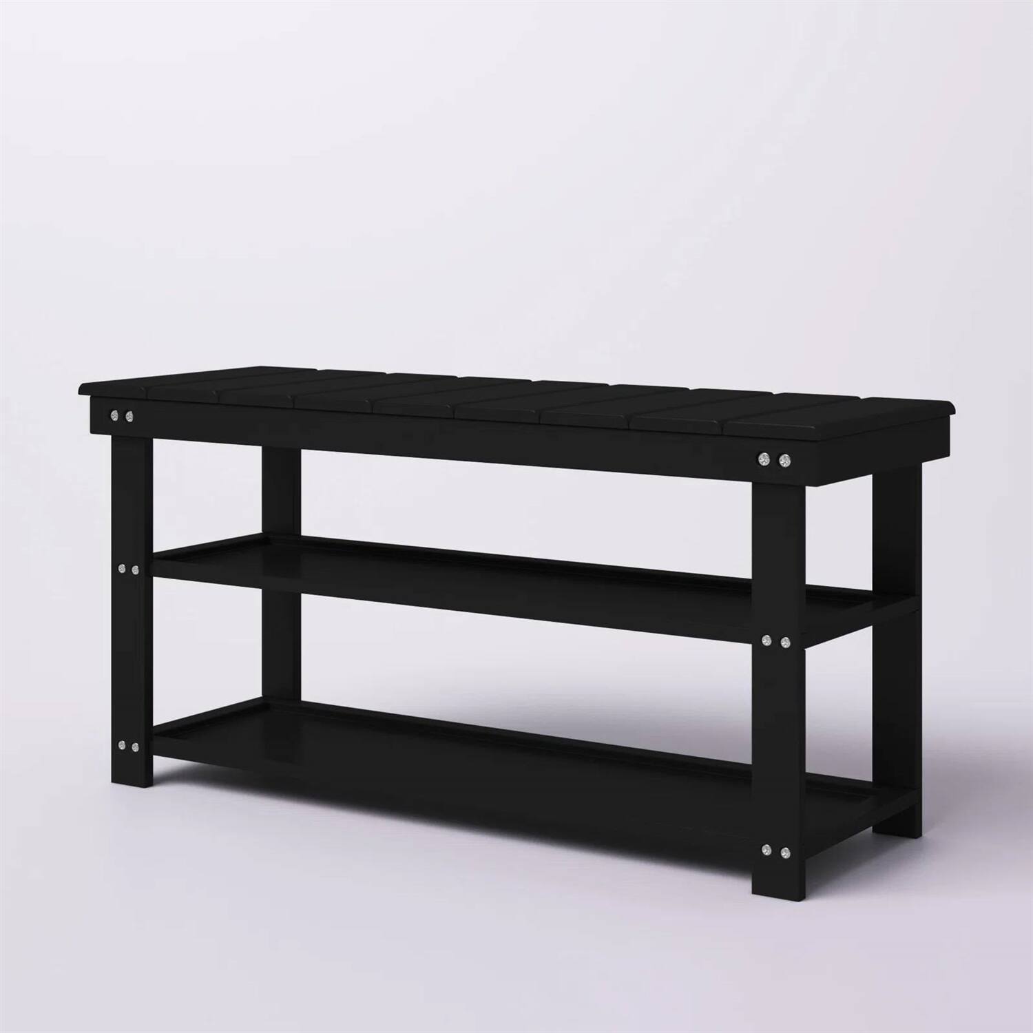 Back. Hivvago - Black Wooden 2-Shelf Shoe Rack Storage Bench for Entryway or Closet - Black.
